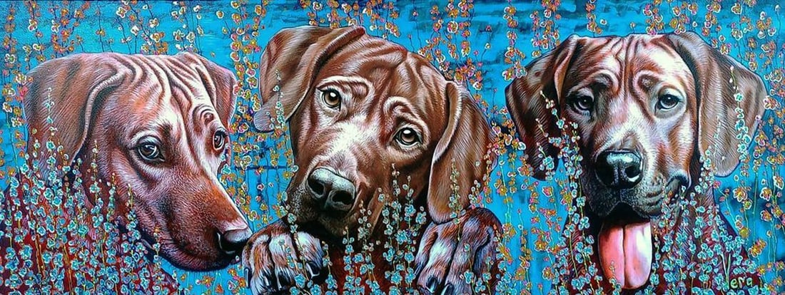 Oil painting Love Happiness Joy Goncharenko V. V.: Title: Oil painting Love Happiness Joy Goncharenko V. V. Description: NoGonch 12 The oil painting "Love Happiness Joy" is a vibrant and affectionate tribute to canine companionship, featuring three in