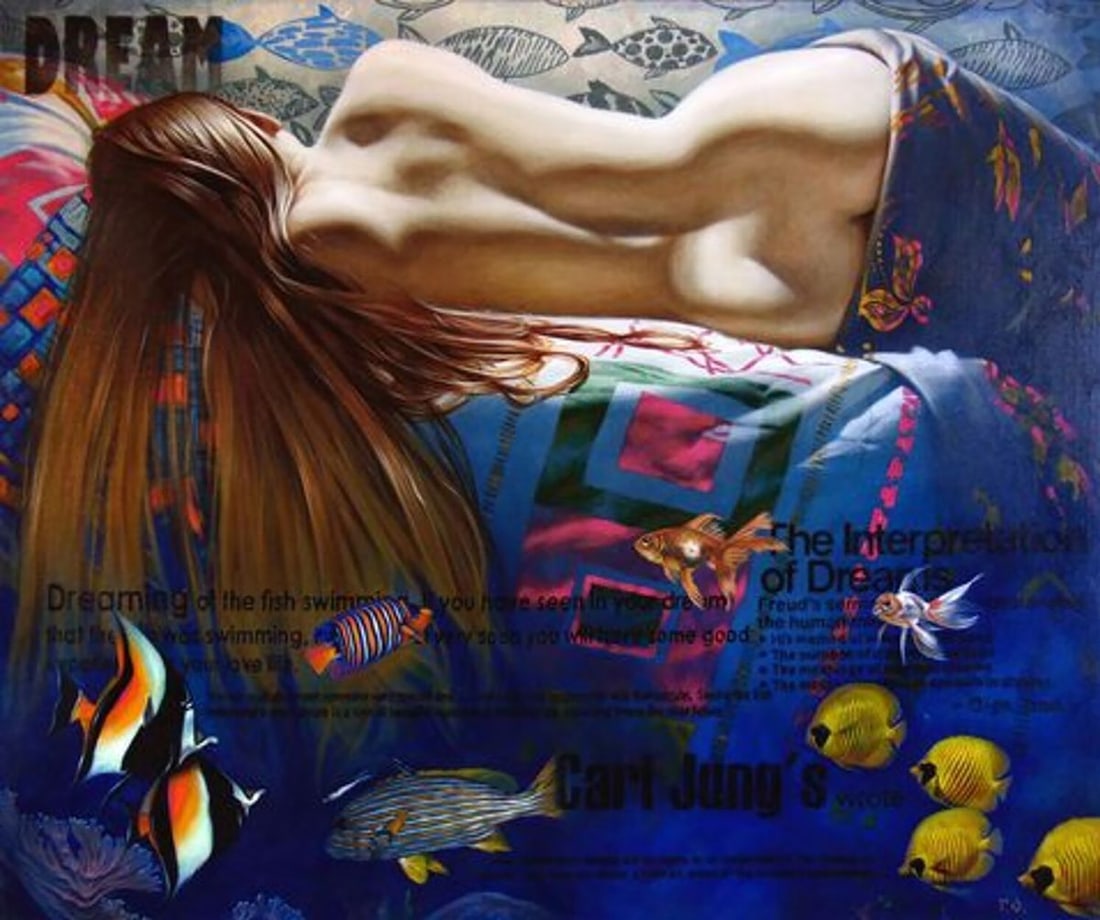 Oil painting The dream of a goldfish Goncharenko S.: Title: Oil painting The dream of a goldfish Goncharenko S. Description: NoGonch 19 The oil painting depicts an ethereal scene that might be titled "The Dream of a Goldfish". It portrays a woman lying
