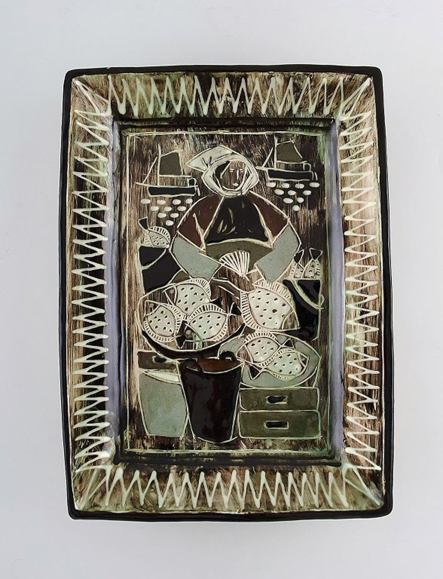 Astrid Tjalk for Kahler, Denmark. Unique bowl in glazed ceramic with motif of fish monger. 1960's.: Title: Astrid Tjalk for Kahler, Denmark. Unique bowl in glazed ceramic with motif of fish monger. 1960's. Description: Astrid Tjalk for Kahler, Denmark. Unique bowl in glazed ceramic with motif of