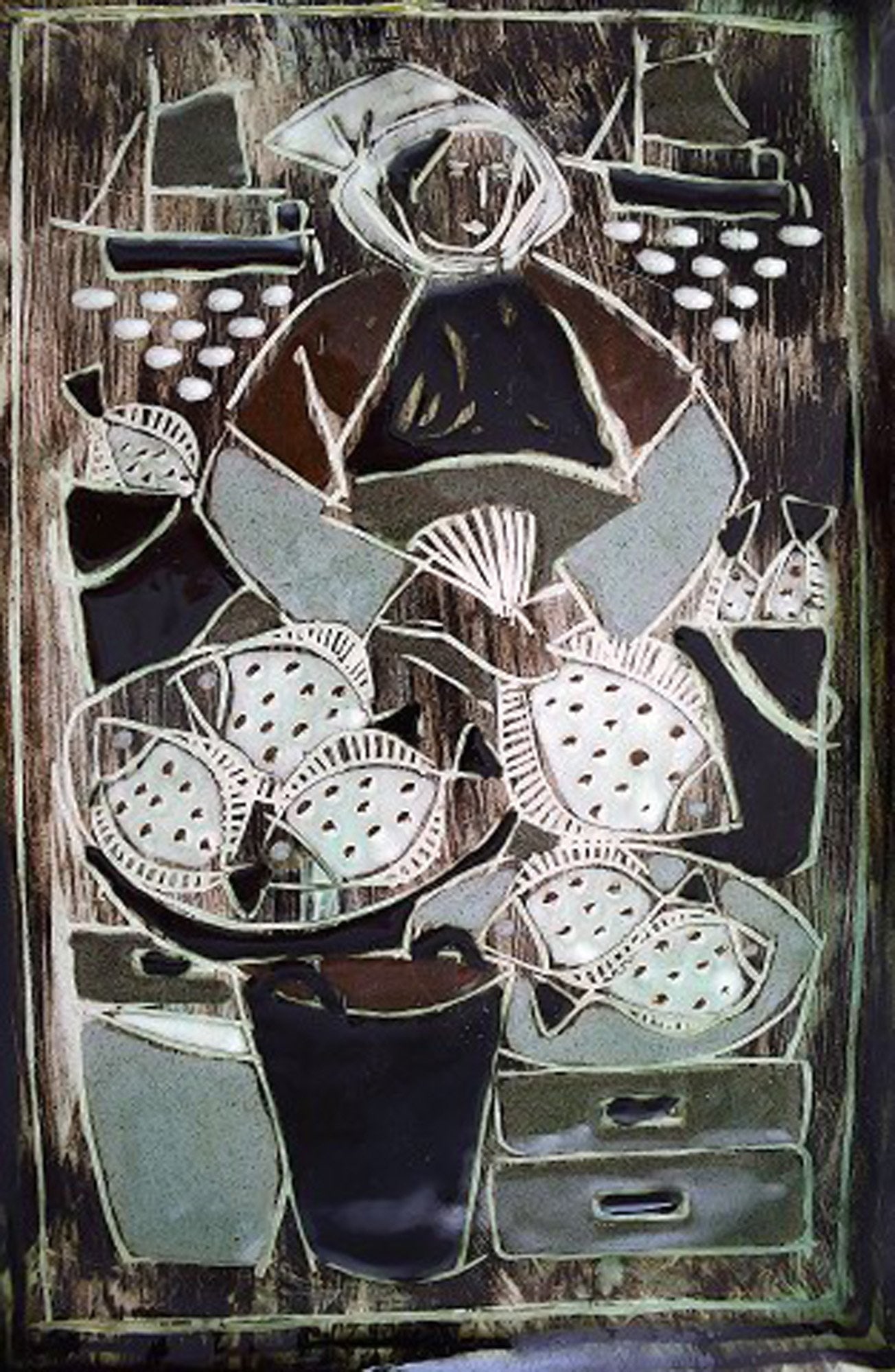 Astrid Tjalk for Kahler, Denmark. Unique bowl in glazed ceramic with motif of fish monger. 1960's. - 5