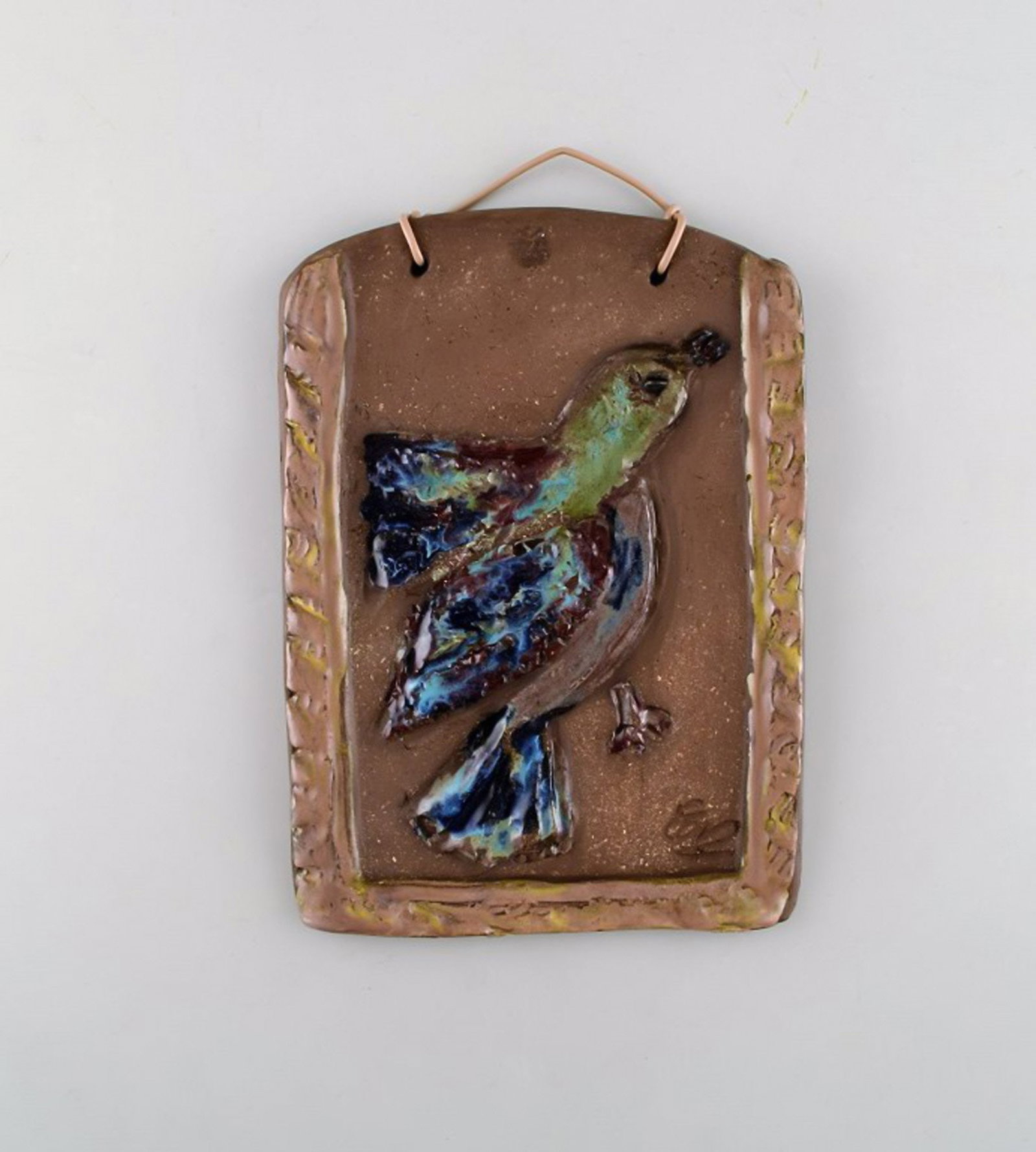 Swedish ceramist. Glazed ceramic wall plaque with bird motif. 1960's. (1 of 7)