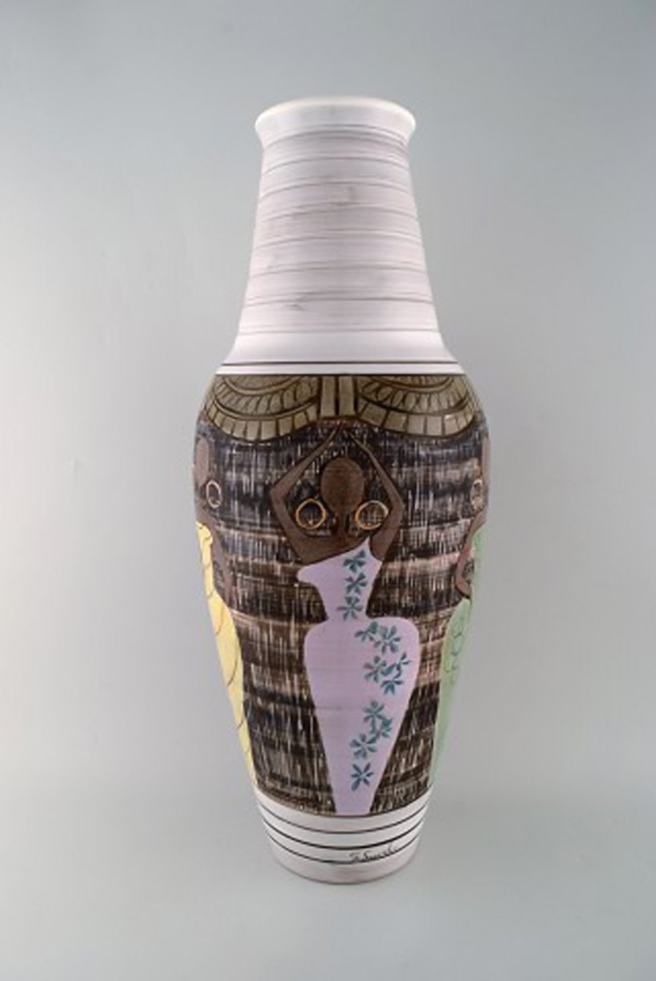 Laholm keramik. Colossal unique floor vase in glazed ceramics with negresses in colorful dresses. - 3