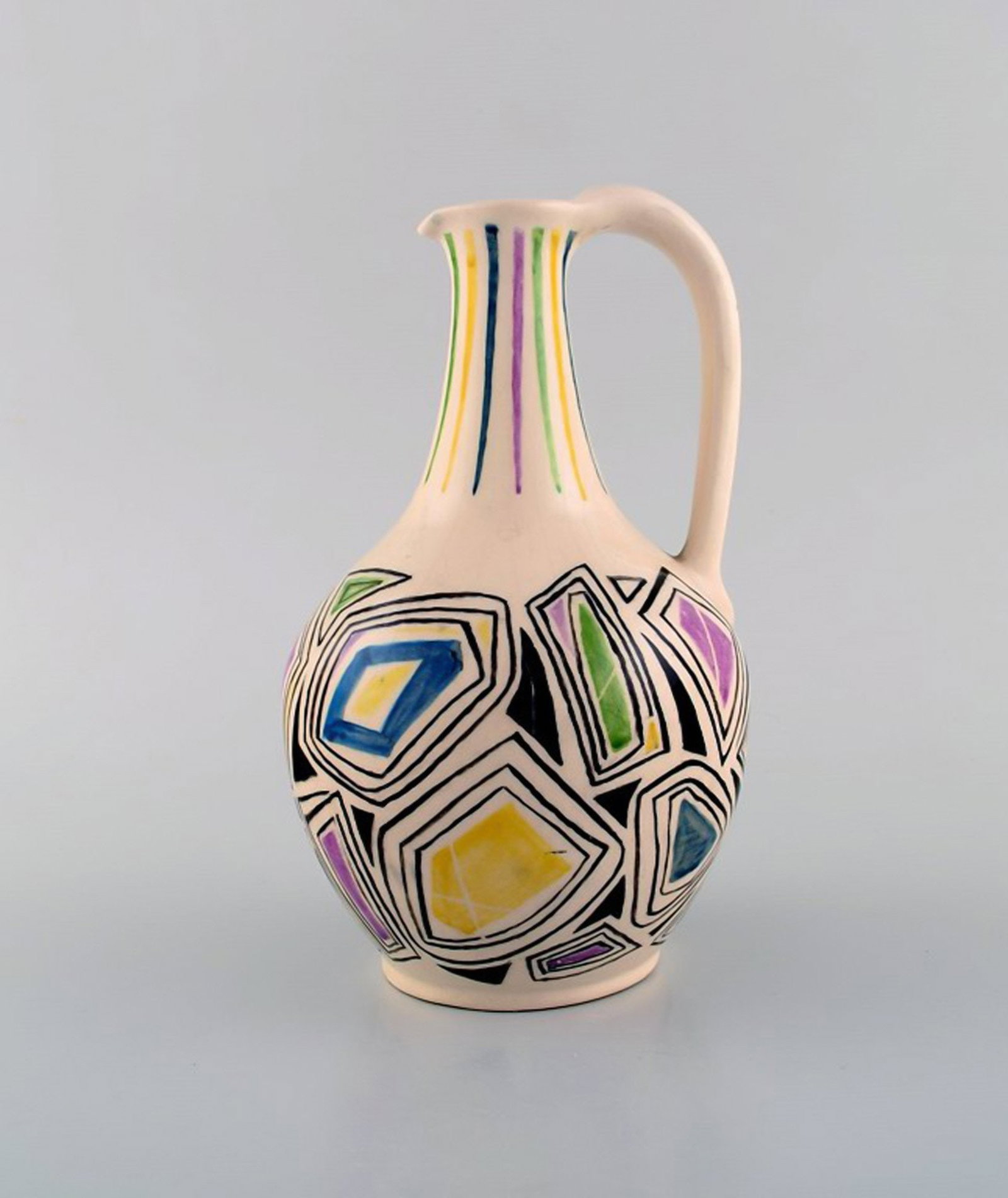 European studio ceramist. Unique jug with handle in glazed ceramic. Dated 1957. - 2