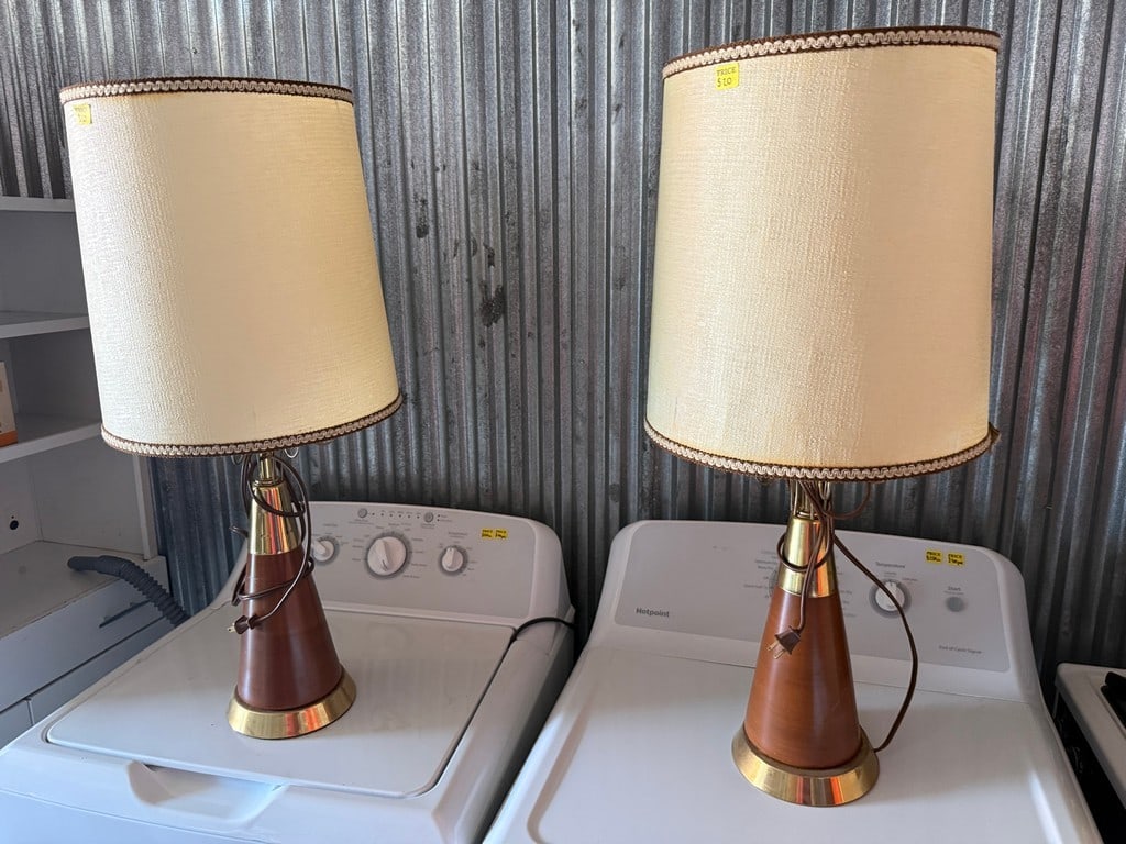Pair of Mid-Century Modern Table Lamps with Conical Wood Bases and Brass Accents - 2