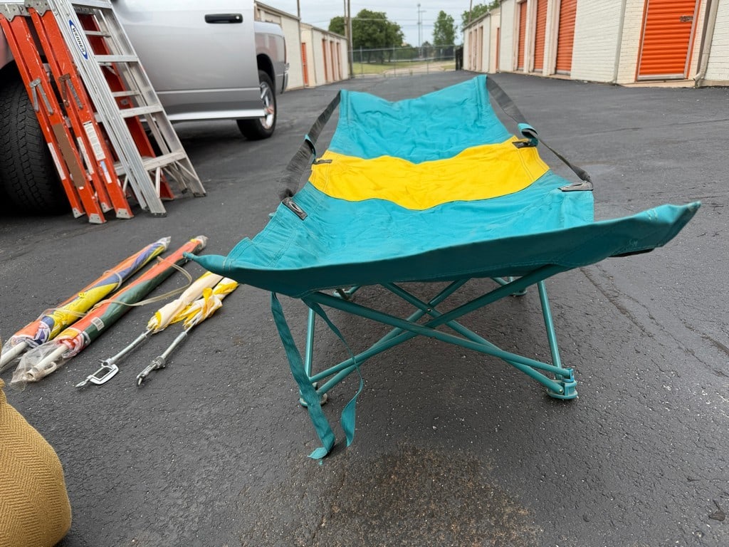 Folding Camp Cot with Teal and Yellow Fabric - 2