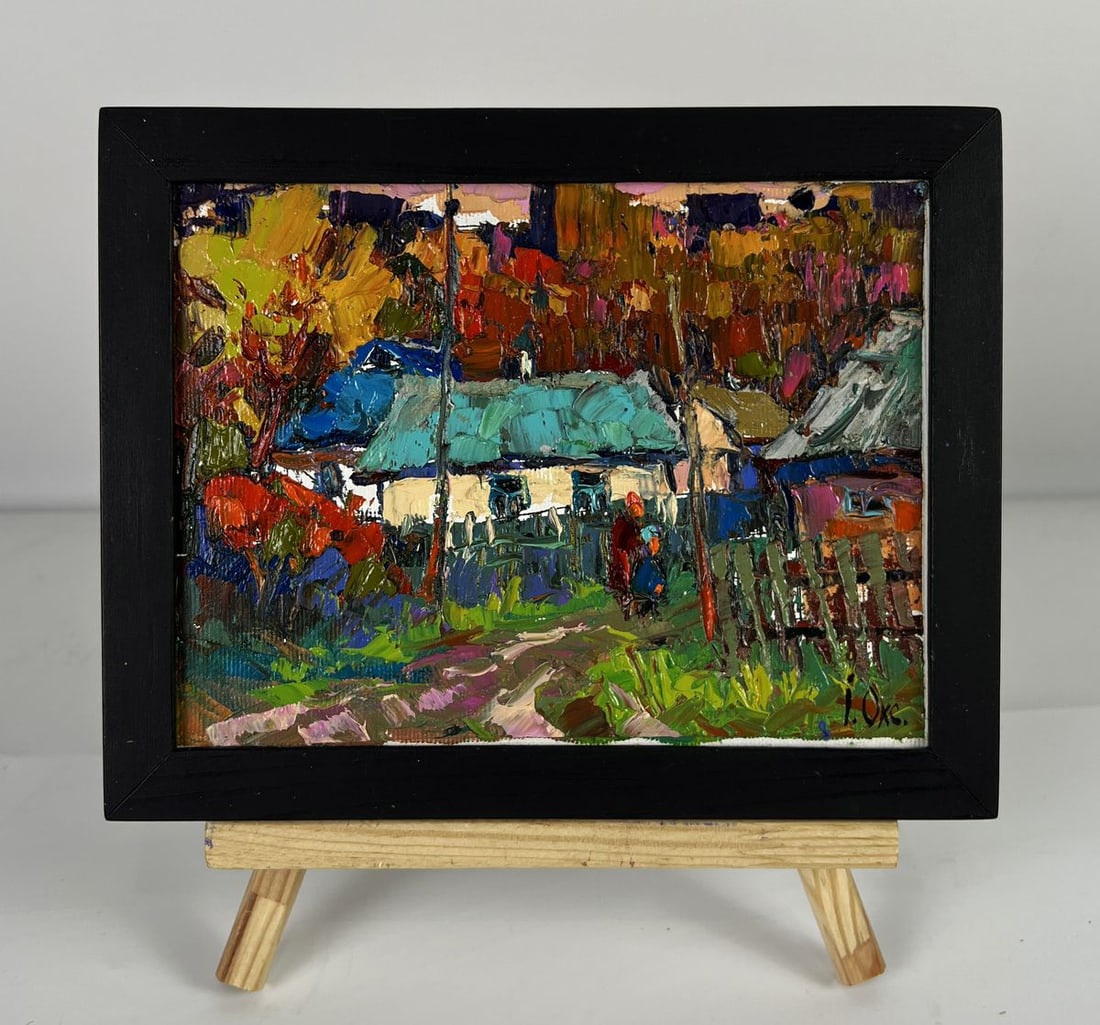 Oil painting Evening among the Houses in the Village Oksana Ivanyuk: Title: Oil painting Evening among the Houses in the Village Oksana Ivanyuk Description: NoAAA6468 Oil painting Evening among the Houses in the Village Oksana Ivanyuk captures a vivid rural scene glowi