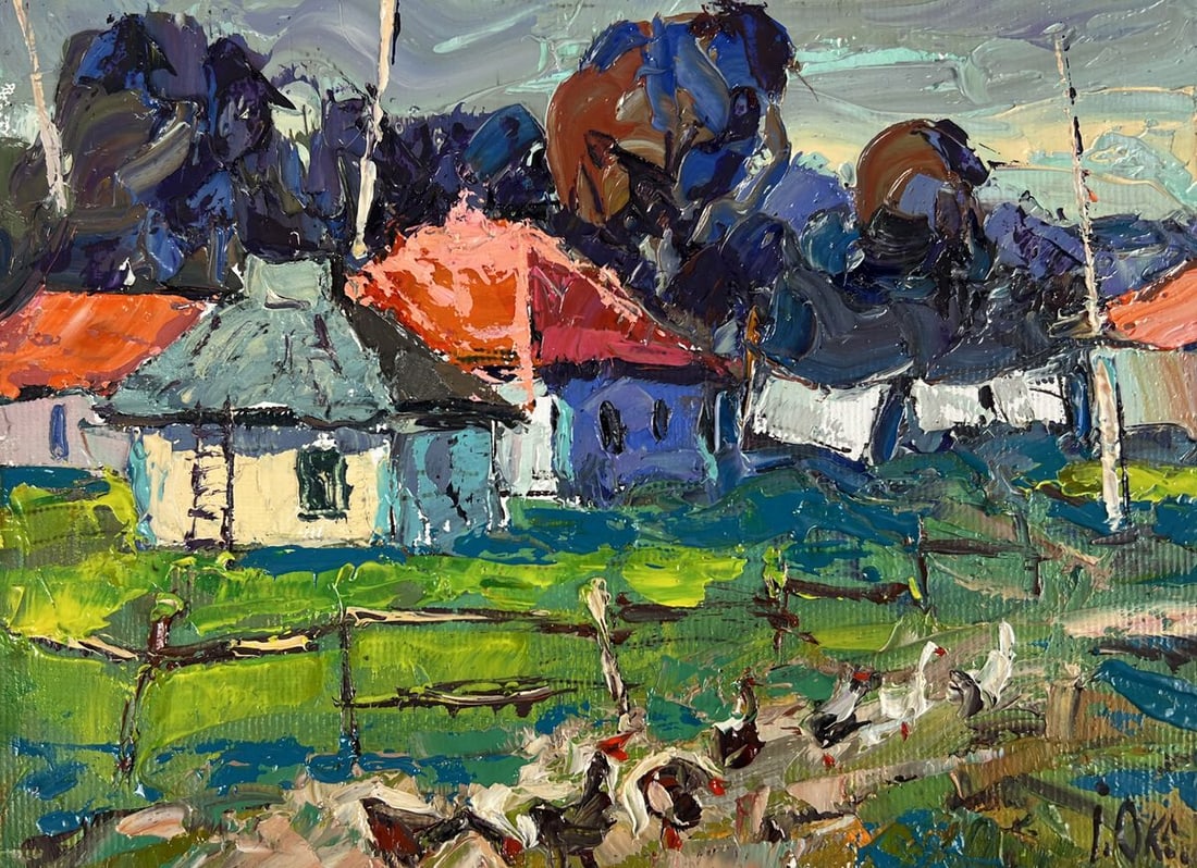 Oil painting Geese Walking Through the Village Oksana Ivanyuk - 3