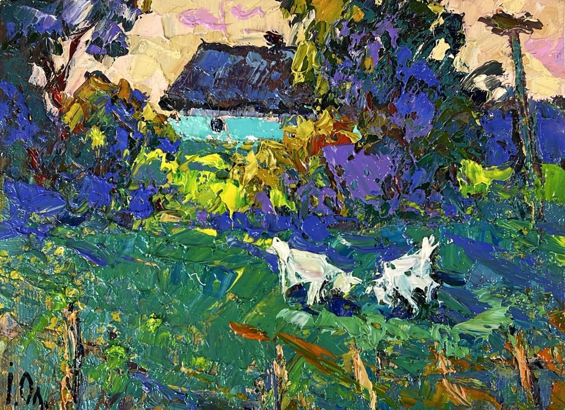 Oil painting Goats Grazing Near the Yard Oleksiy Ivanyuk - 3