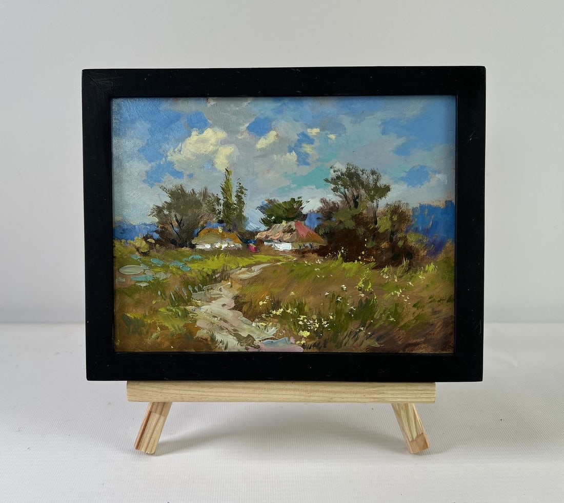 Oil painting Village on a hill Yuriy Suprunchuk: Title: Oil painting Village on a hill Yuriy Suprunchuk Description: NoAAA5301 The oil painting on Cardboard titled "Village on a Hill" portrays a quiet rural scene imbued with the warmth of sun and th