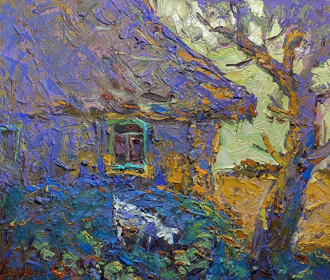 Oil painting Graze near the house Alex Kalenyuk: Title: Oil painting Graze near the house Alex Kalenyuk Description: NoKalen 1493 The oil painting on canvas titled "Graze Near the House" offers a textured, deeply expressive vision of a humble rural 