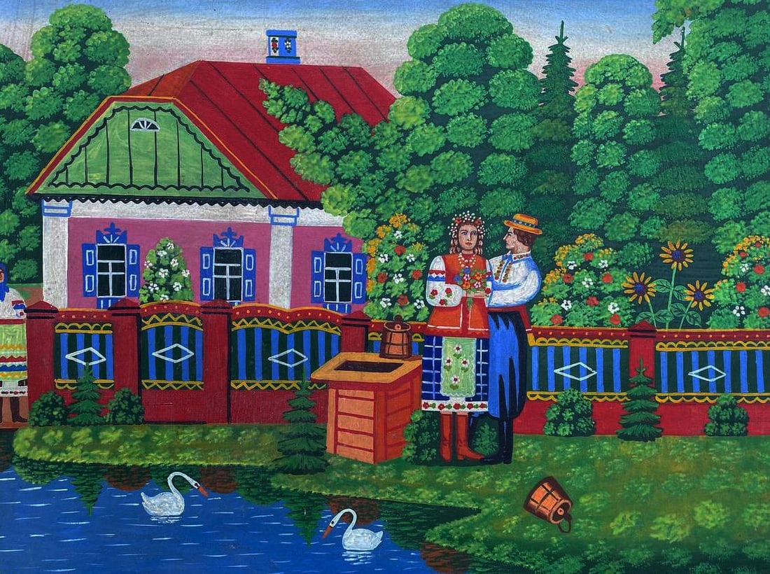 Oil painting A couple in love near the river Unknown artist - 2