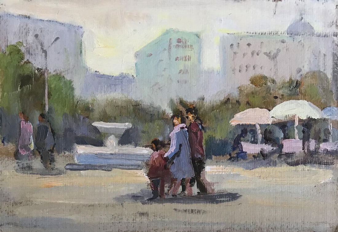 Tempera painting Walk through the city center Unknown artist (1 of 11)