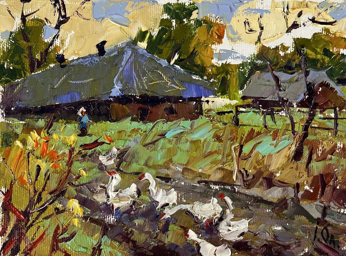 Oil painting Geese are walking around the village Oleksiy Ivanyuk - 3