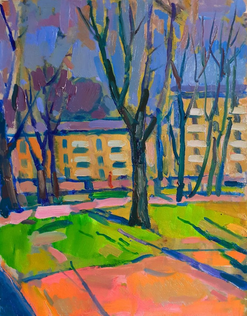 Oil painting Urban landscape with park Pavel Dobrev: Title: Oil painting Urban landscape with park Pavel Dobrev Description: NoDobr 879 The Oil painting on Cardboard titled "Urban landscape with park" captures the delicate and poetic intersection betwee