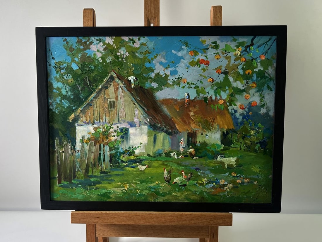 Oil painting Village with animals Yuriy Suprunchuk: Title: Oil painting Village with animals Yuriy Suprunchuk Description: NoAAA5758 The Oil painting Cardboard titled "Village with animals" depicts a charming rural idyll, where the natural beauty of th
