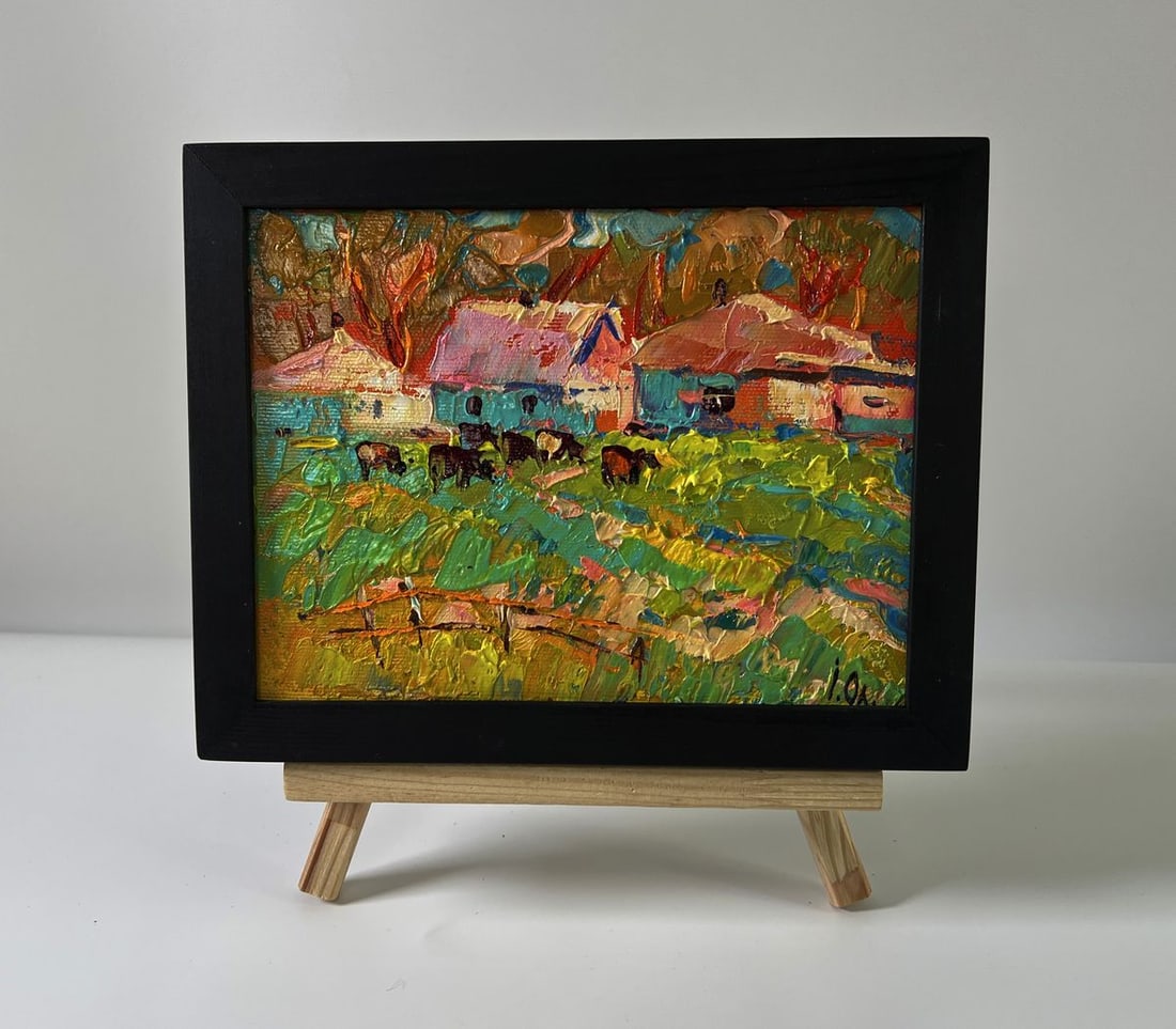 Oil painting Cows on a walk Oleksiy Ivanyuk: Title: Oil painting Cows on a walk Oleksiy Ivanyuk Description: NoAAA5816 The Oil painting Canvas titled "Cows on a walk" depicts a vibrant and pastoral scene that beautifully encapsulates the harmony