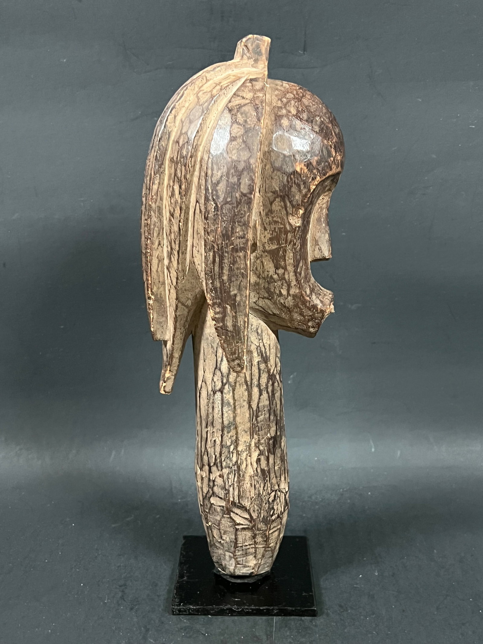African Tribal Art Carved Wood Fang Head Sculpture - 4