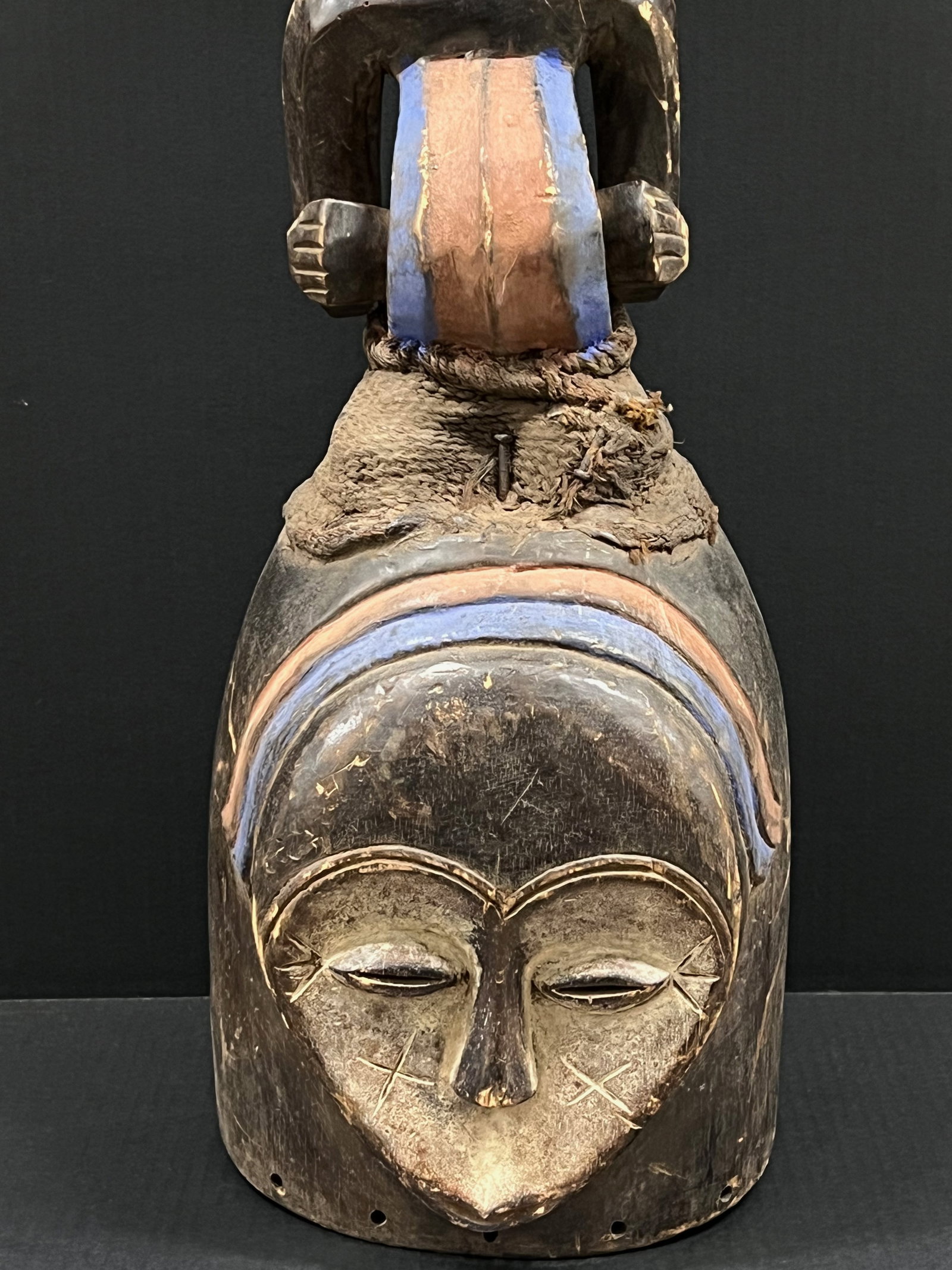 African Tribal Art Carved Wood Kwele Helmet Mask - 2