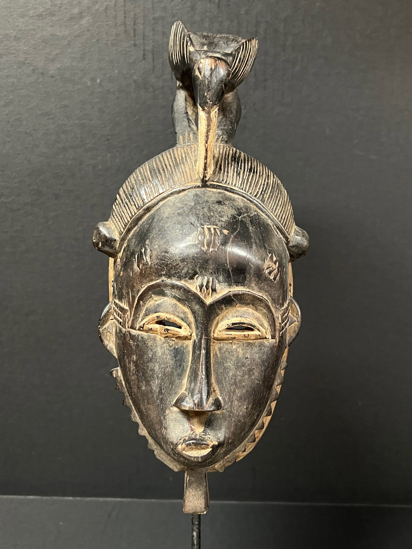 African Tribal Art Carved Wood Baule Mask with Display Stand - 2