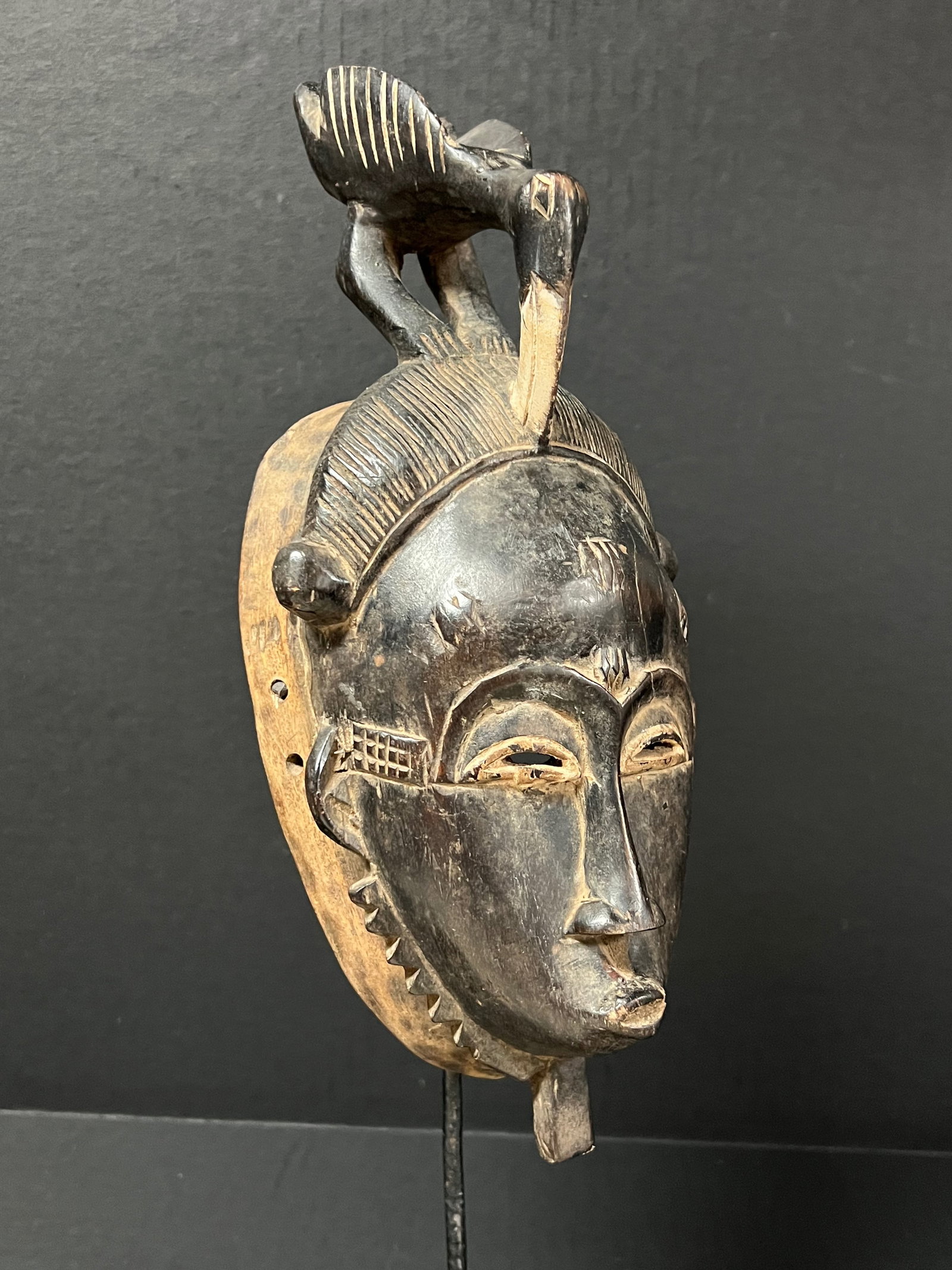 African Tribal Art Carved Wood Baule Mask with Display Stand - 3