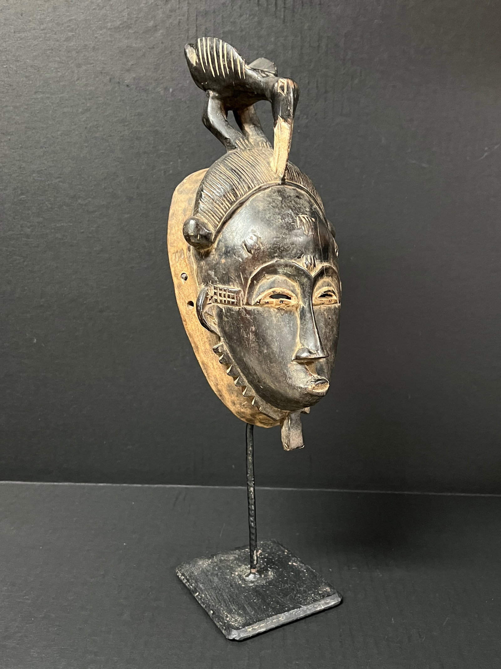 African Tribal Art Carved Wood Baule Mask with Display Stand - 4