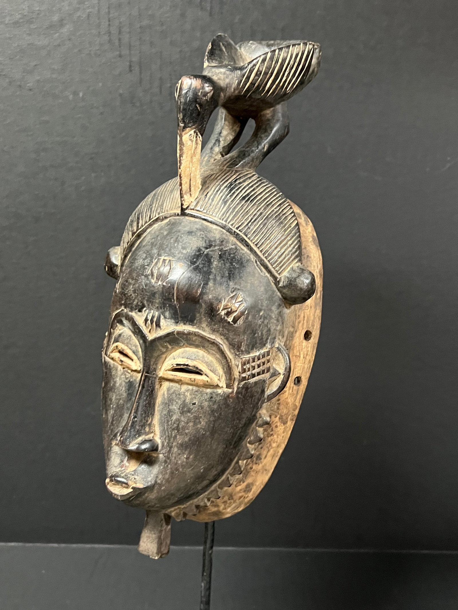 African Tribal Art Carved Wood Baule Mask with Display Stand - 5