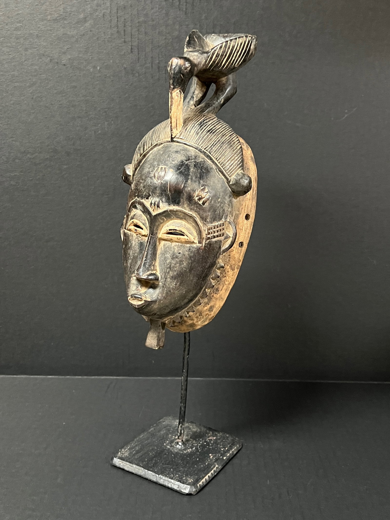 African Tribal Art Carved Wood Baule Mask with Display Stand - 6