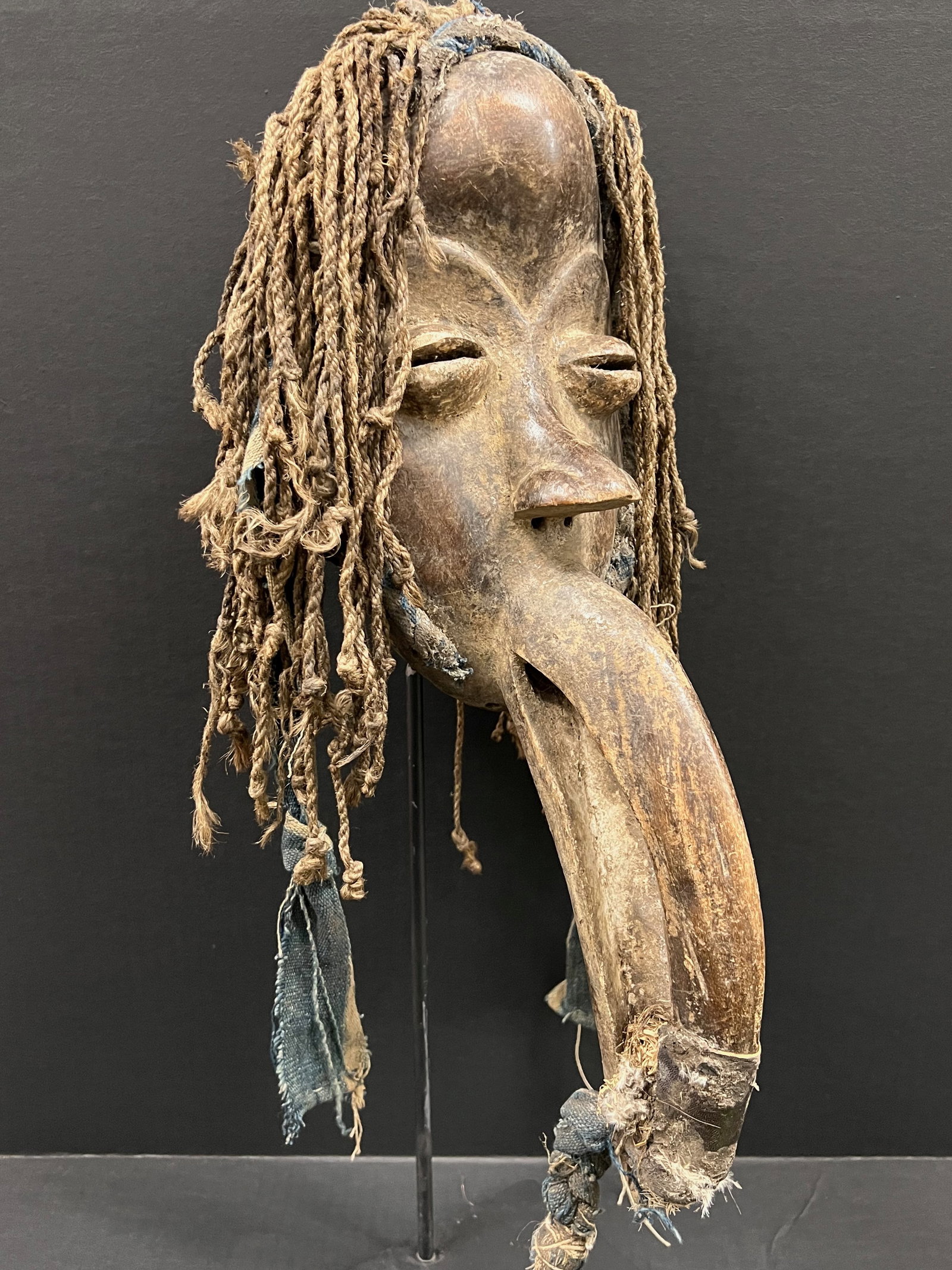African Tribal Art Carved Wood Dan Beak Mask with Display Stand - 4
