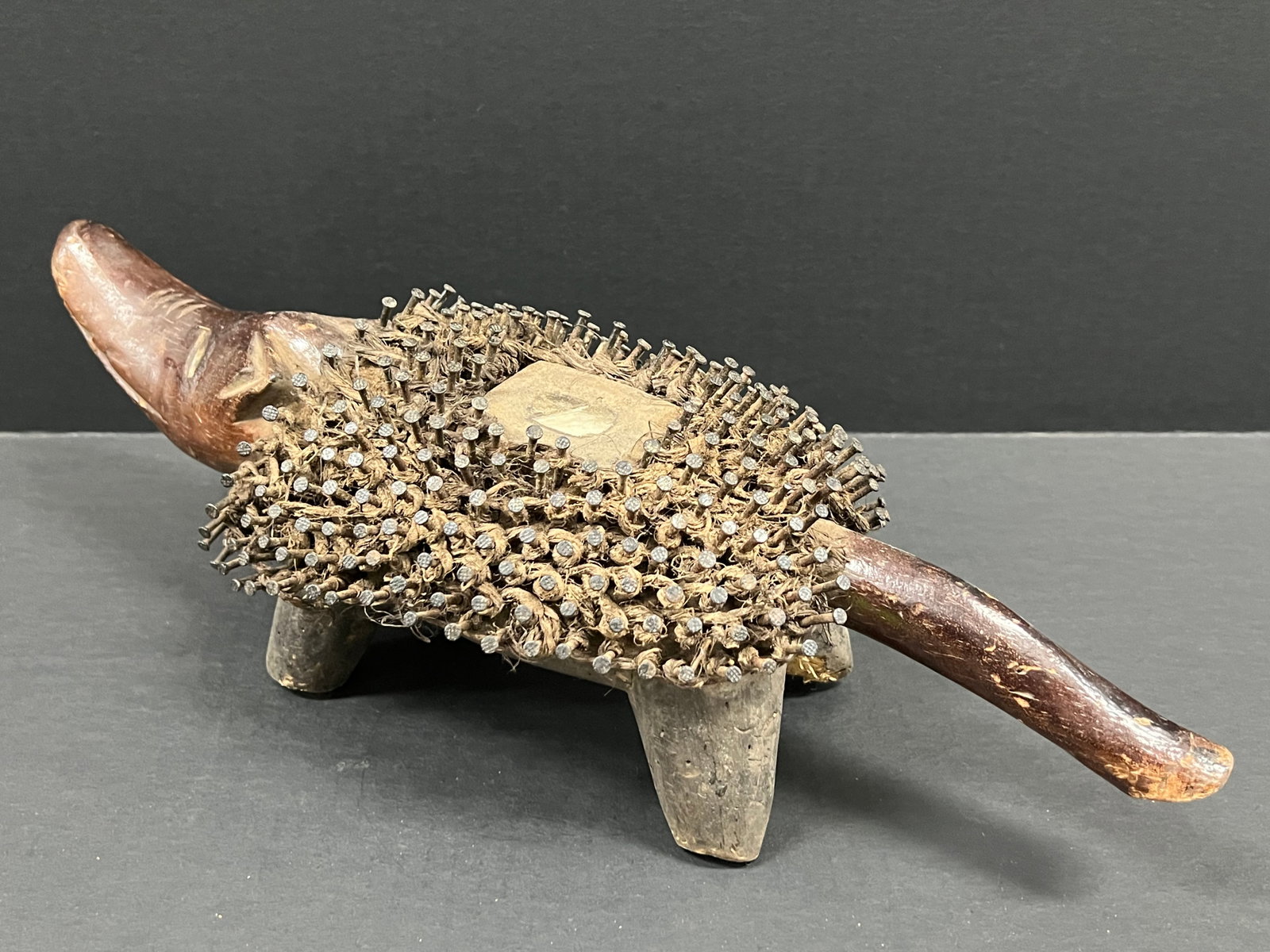 African Tribal Art Carved Wood Bacongo Nail Fetish Dog - 6