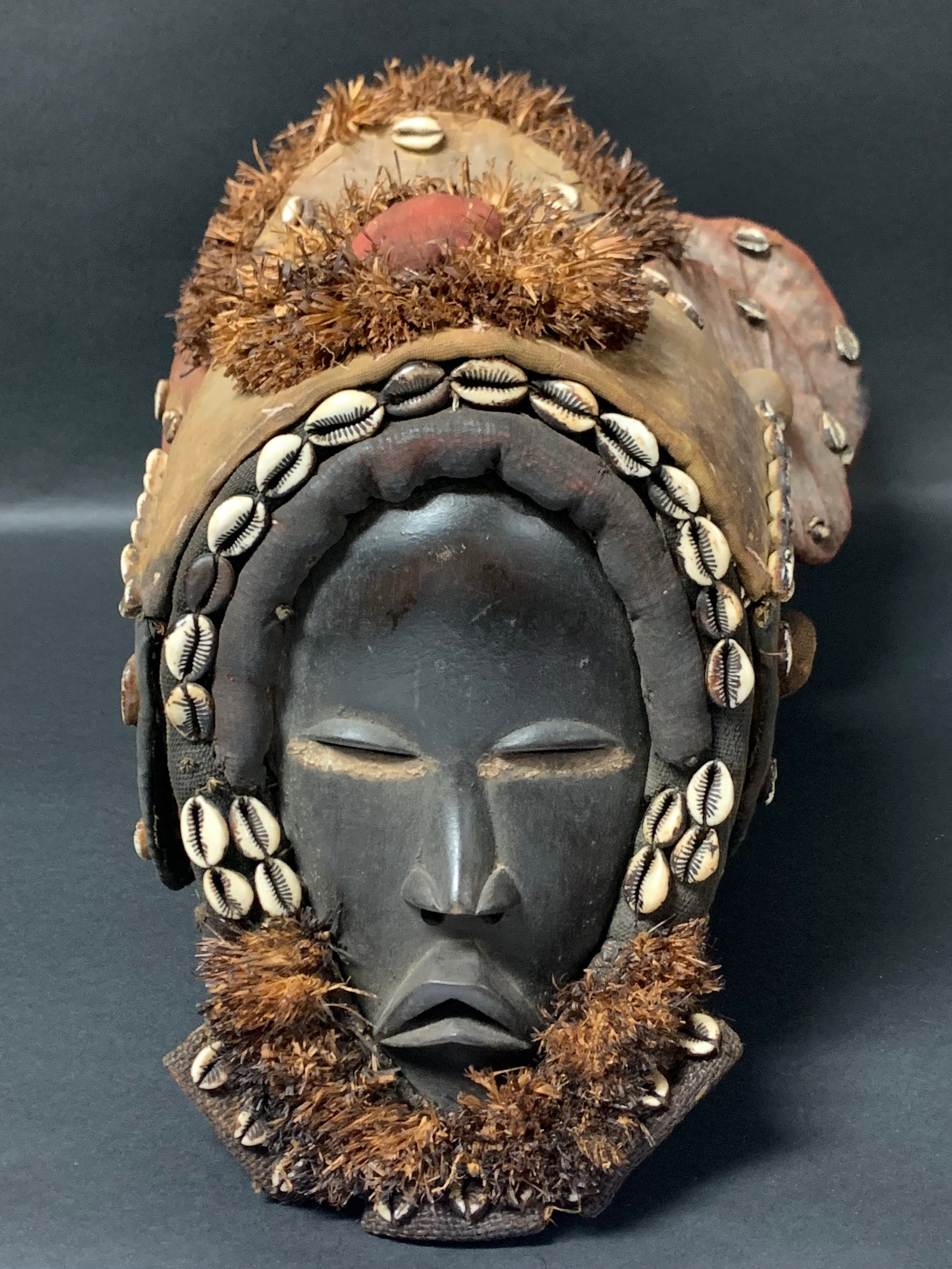 African Tribal Art Carved Wood Dan Helmet Mask with Cowry Shell - 2