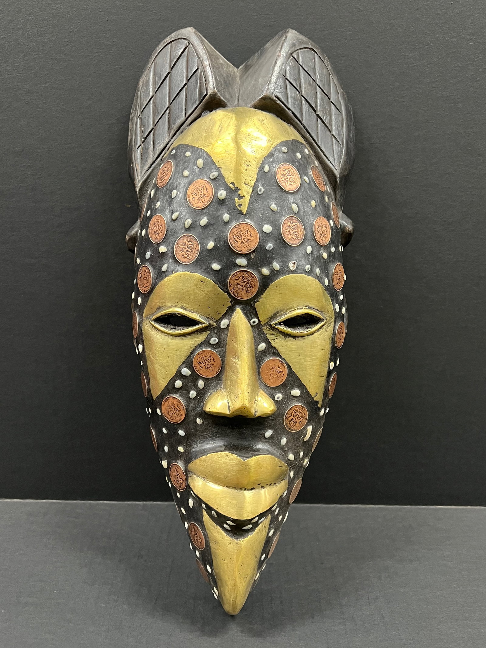 African Tribal Art Carved Wood Tikar Mask with Coin (1 of 7)