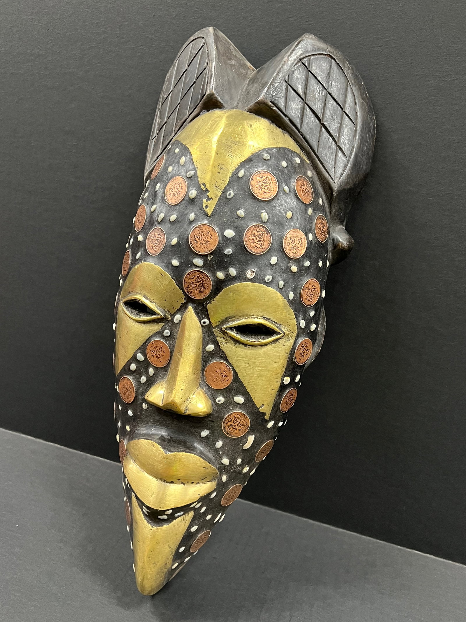 African Tribal Art Carved Wood Tikar Mask with Coin - 2