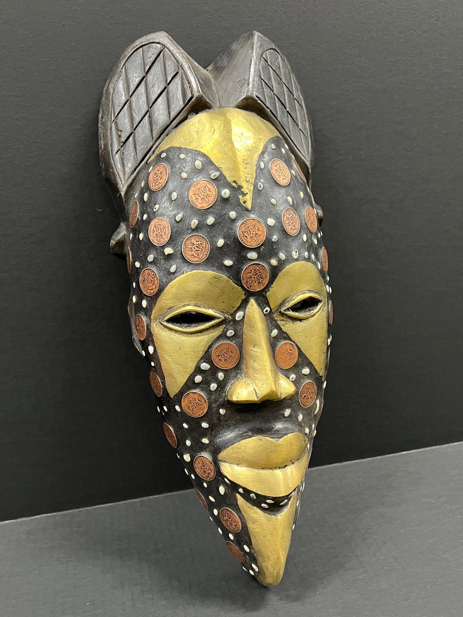 African Tribal Art Carved Wood Tikar Mask with Coin - 3