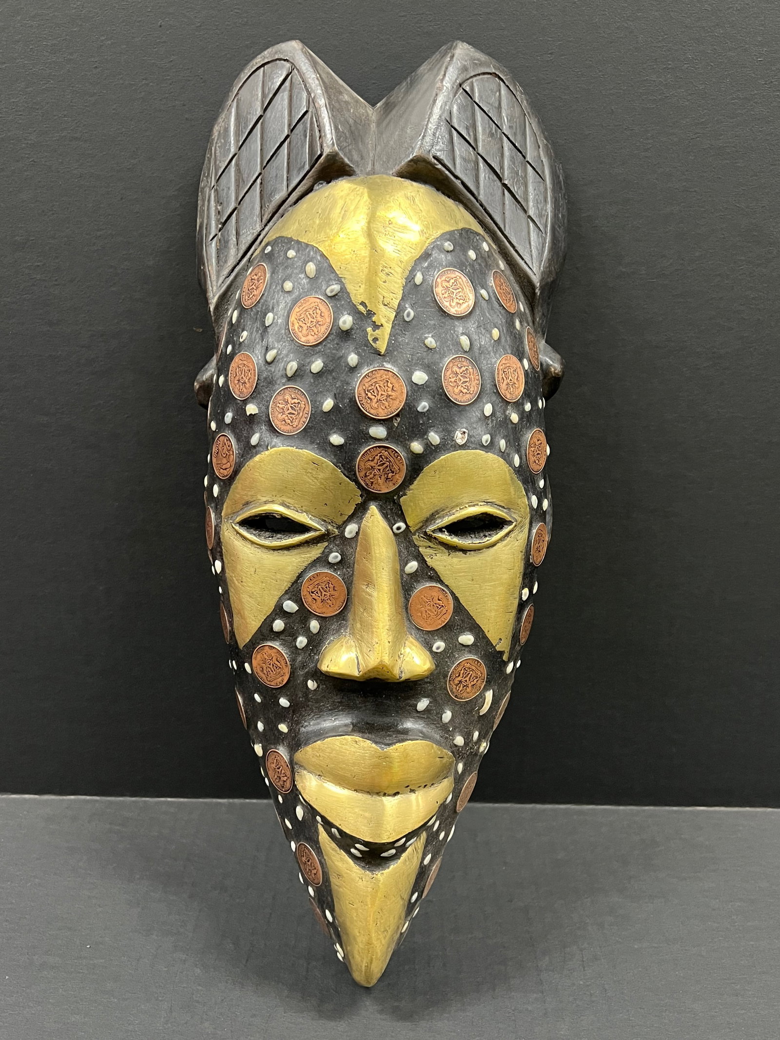 African Tribal Art Carved Wood Tikar Mask with Coin - 4