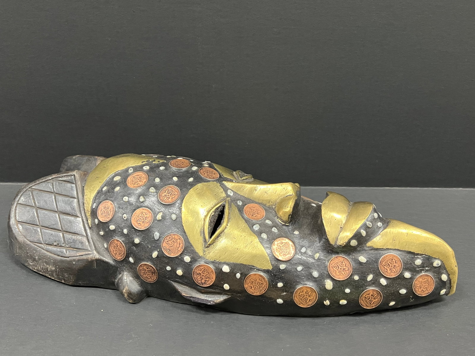 African Tribal Art Carved Wood Tikar Mask with Coin - 5