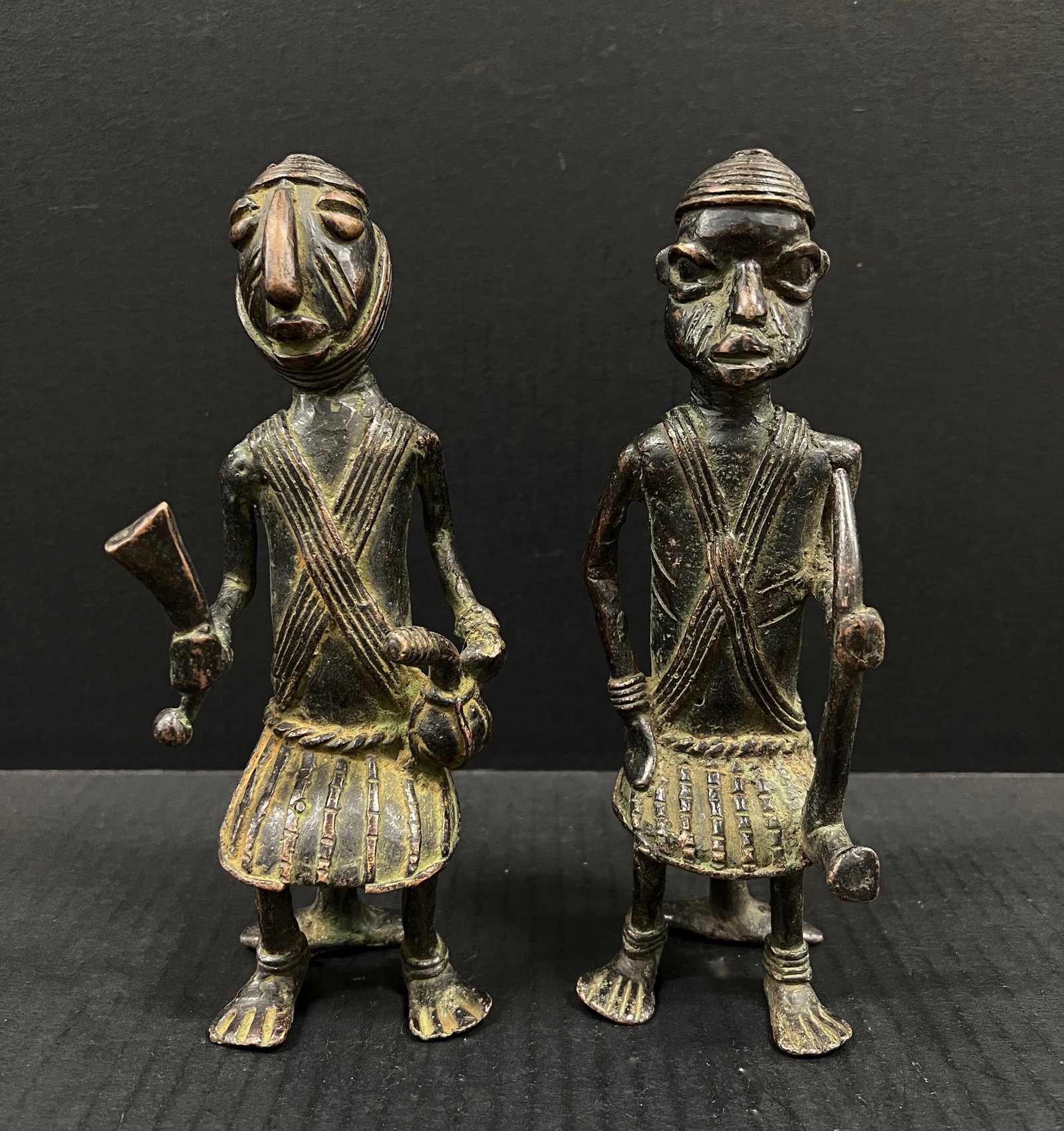 African Tribal Art Pair of Bronze Chad Statue: Title: Pair of Bronze Chad Statue Date/Period: Late 20th Century Materials: Bronze Size: 8.5'' h x 3.5" w Reserve: $200.00 Shipping: Domestic: Flat-rate of $40.00 to anywhere within the contiguous U.S
