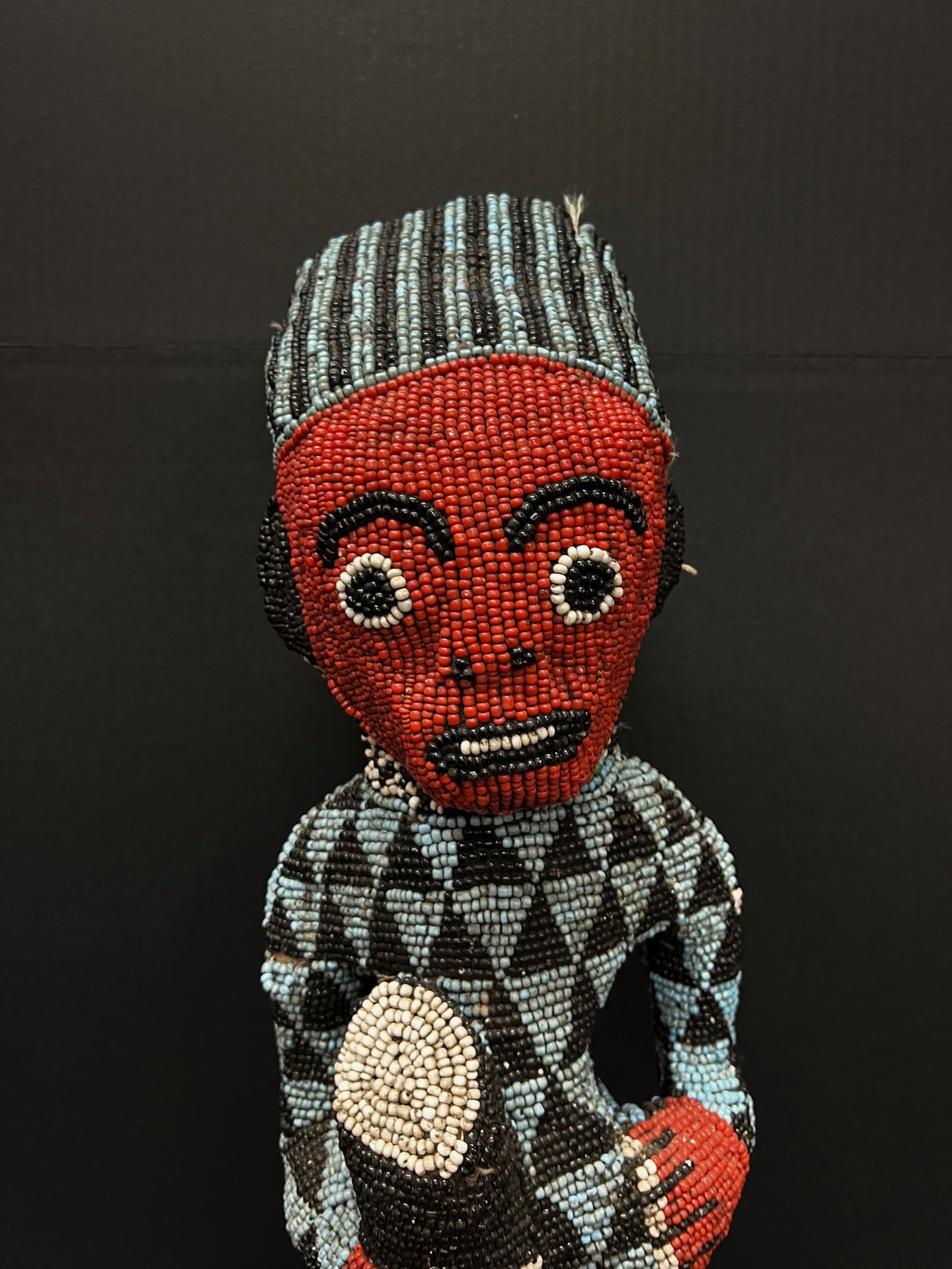 African Tribal Art Carved Wood Large Bamileke Beaded Statue - 2