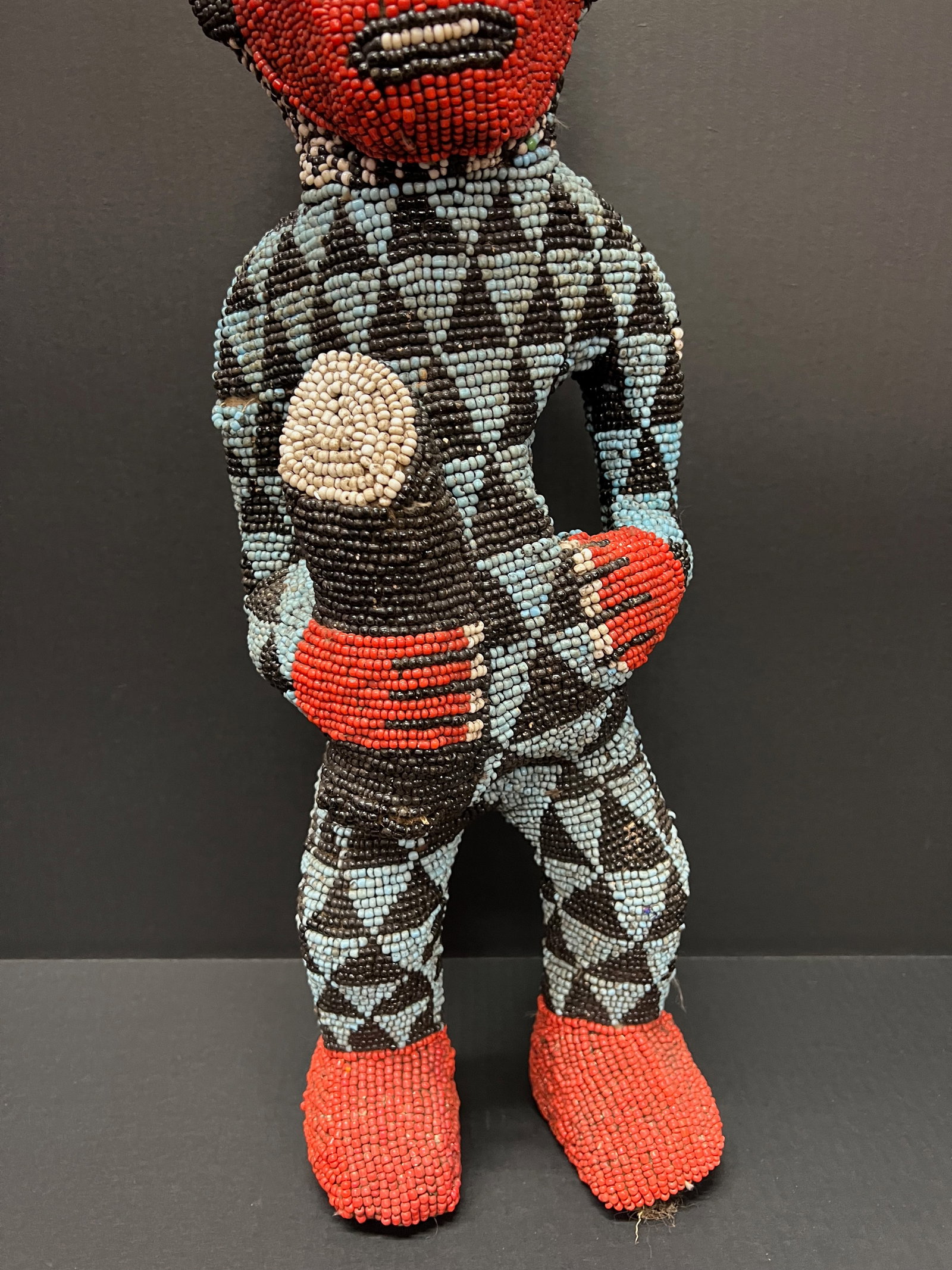African Tribal Art Carved Wood Large Bamileke Beaded Statue - 3