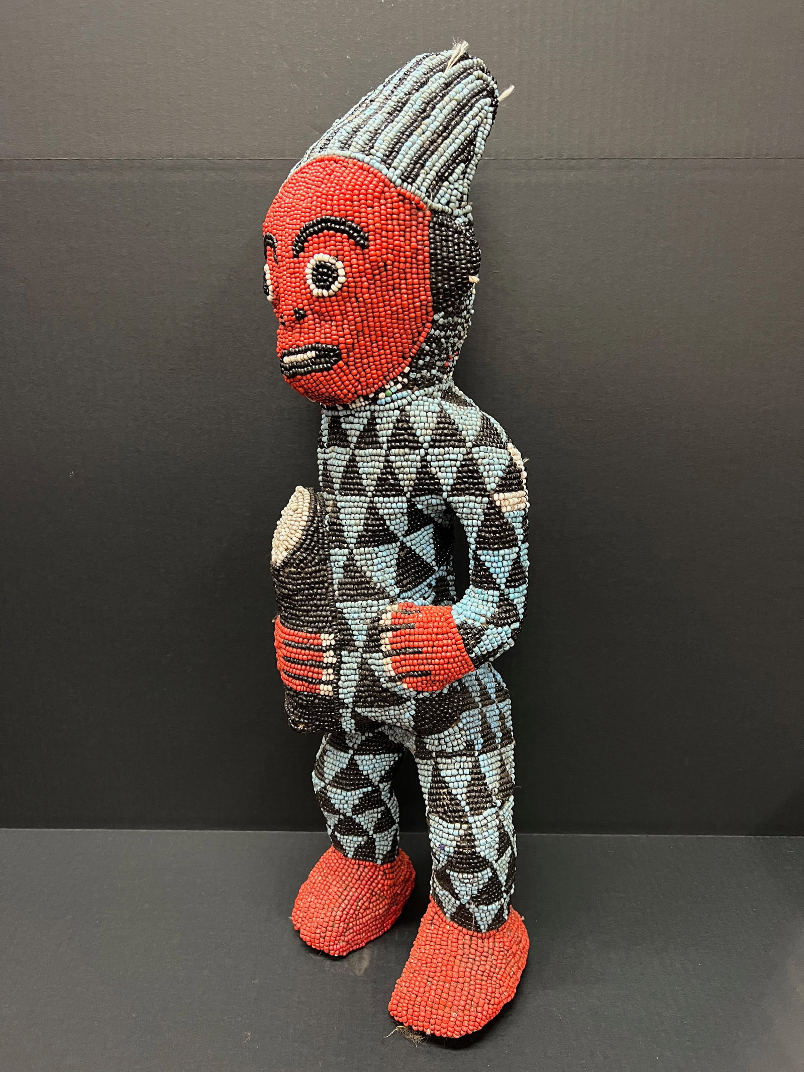African Tribal Art Carved Wood Large Bamileke Beaded Statue - 4