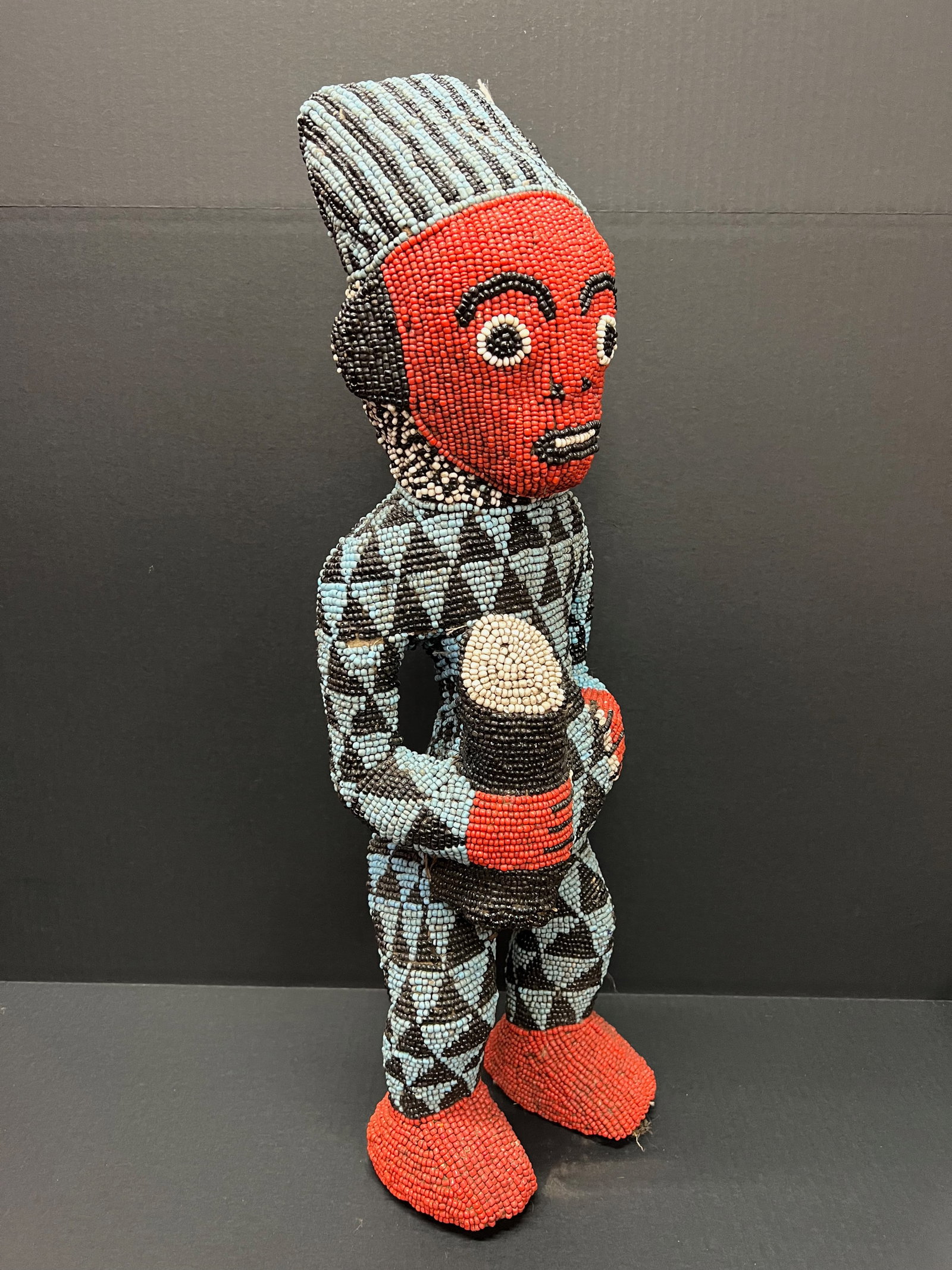 African Tribal Art Carved Wood Large Bamileke Beaded Statue - 5
