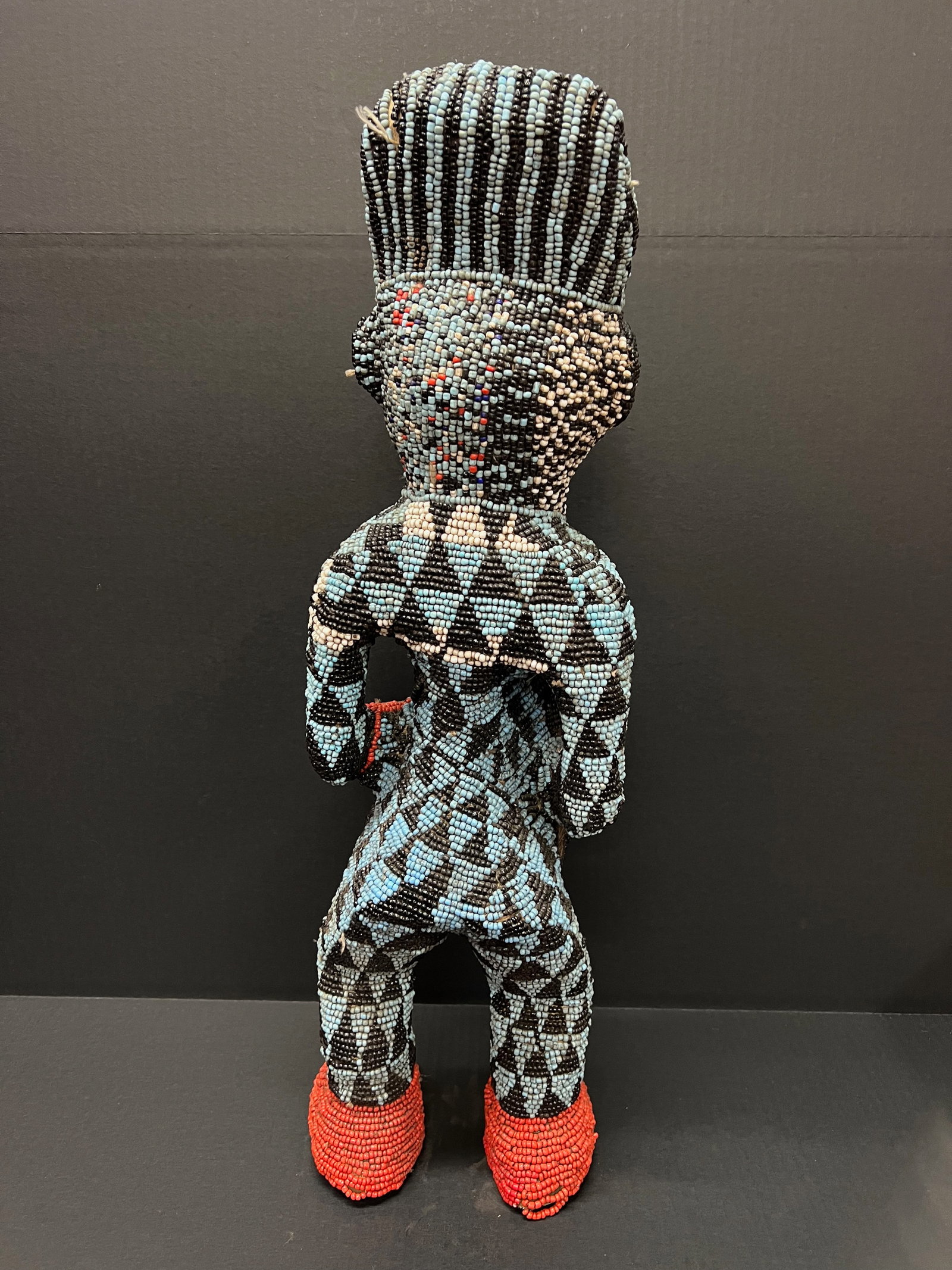 African Tribal Art Carved Wood Large Bamileke Beaded Statue - 6
