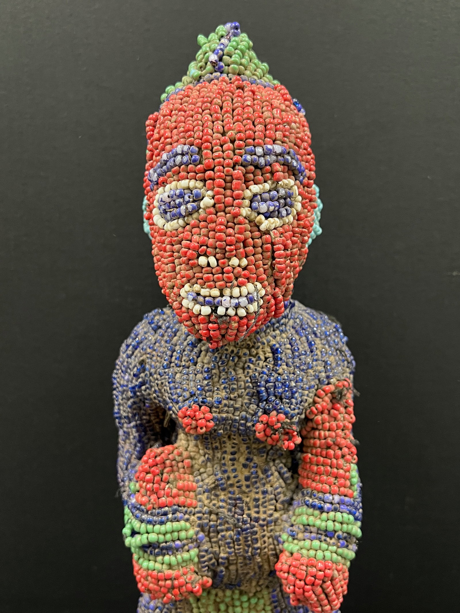 African Tribal Art Carved Wood Bamileke Beaded Statue - 2