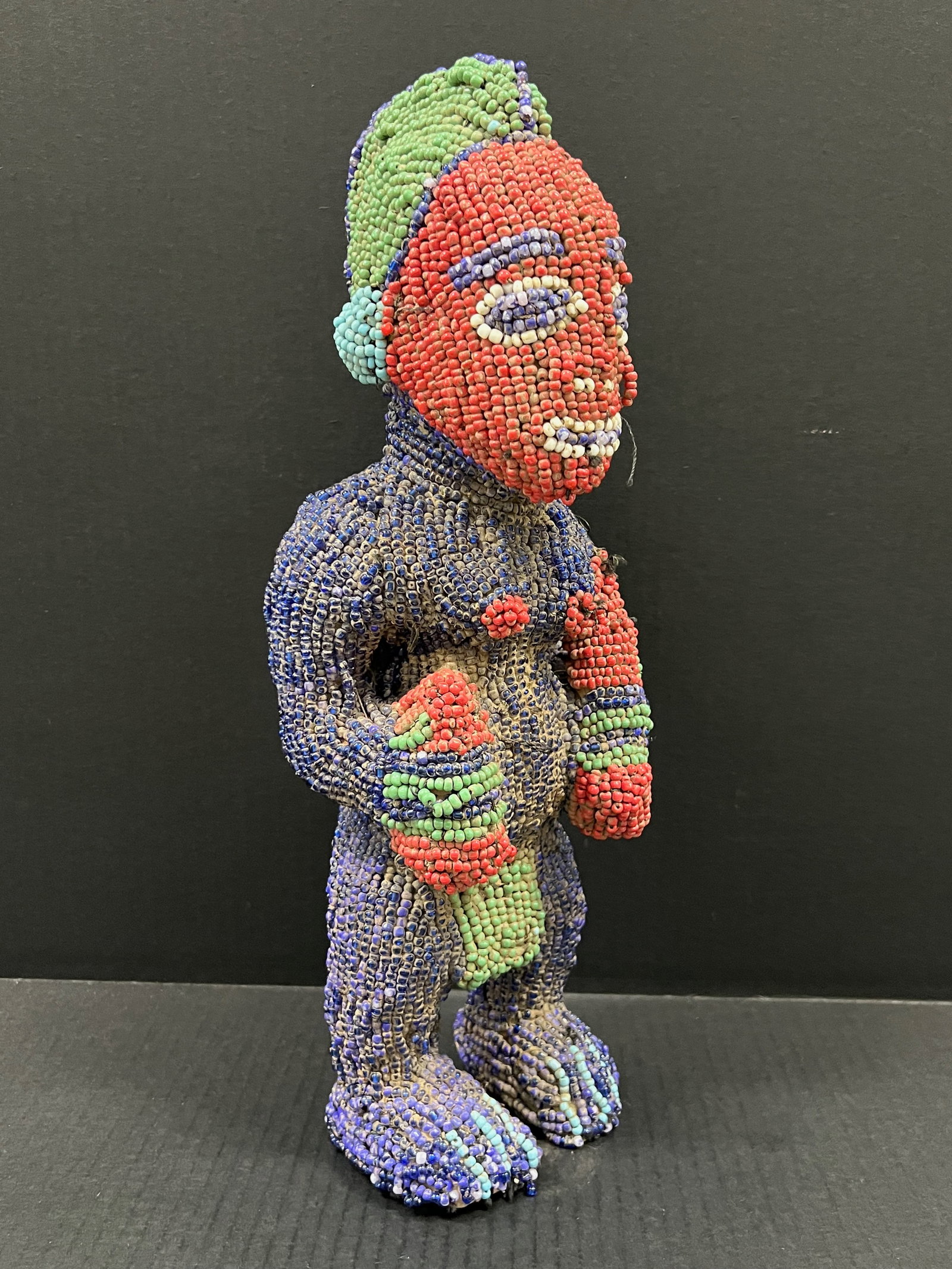 African Tribal Art Carved Wood Bamileke Beaded Statue - 3