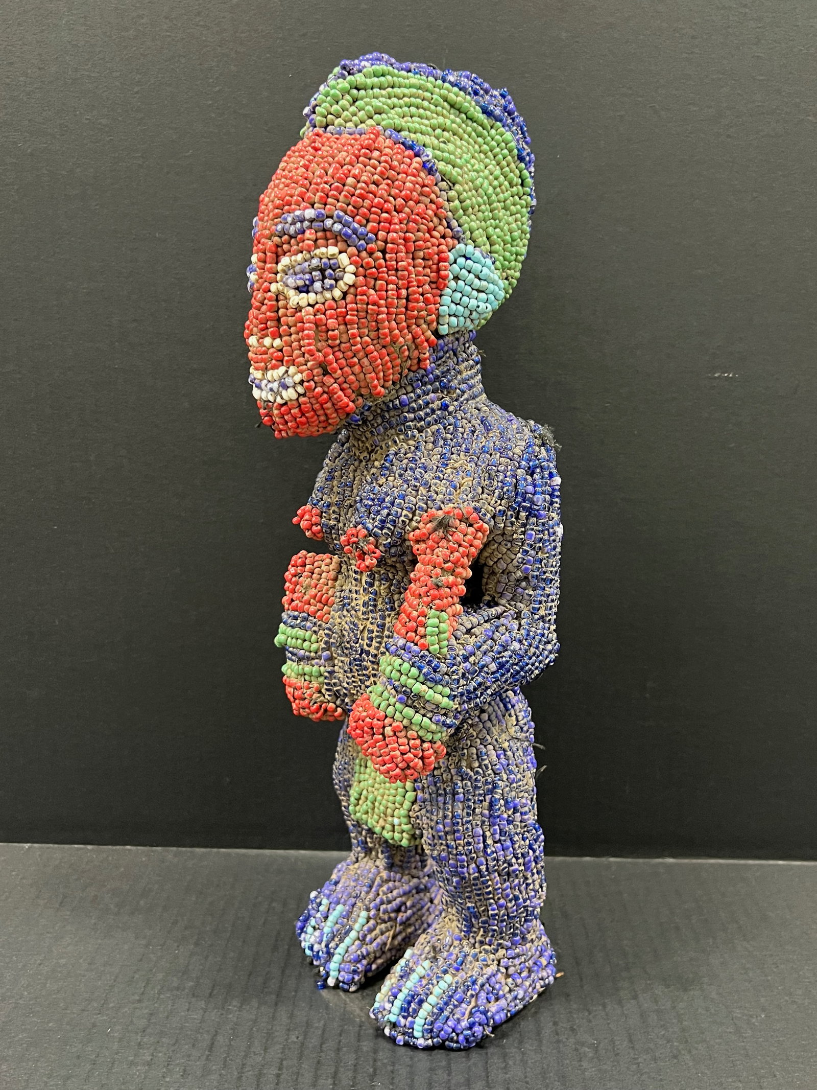 African Tribal Art Carved Wood Bamileke Beaded Statue - 5