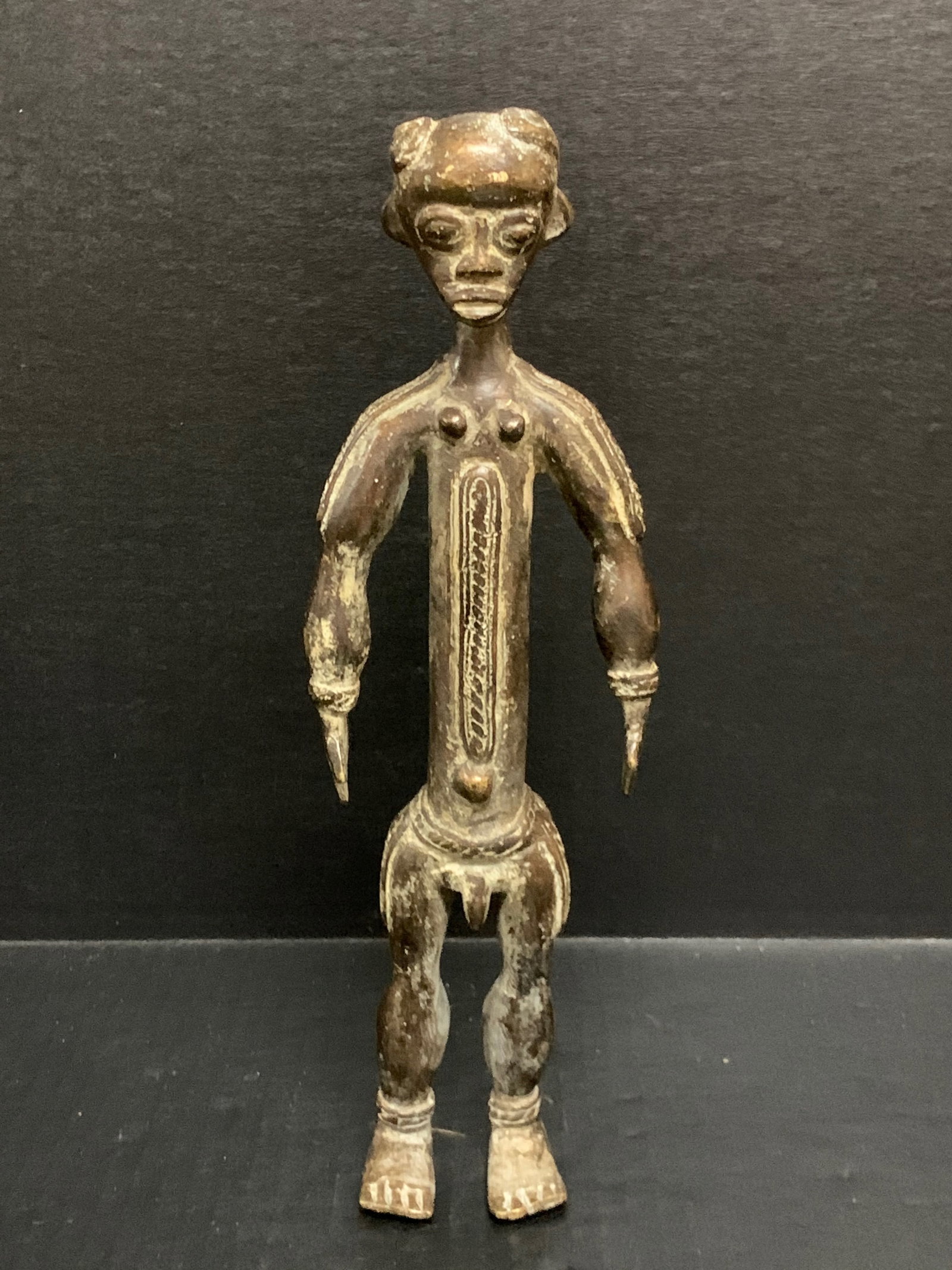 African Tribal Art Bronze Attye Statue: Title: Bonze Attye Statue Date/Period: Late 20th Century Materials: Bronze Size: 15" h x 5" w Reserve: $100.00 Shipping: Domestic: Flat-rate of $30.00 to anywhere within the contiguous U.S. Internatio