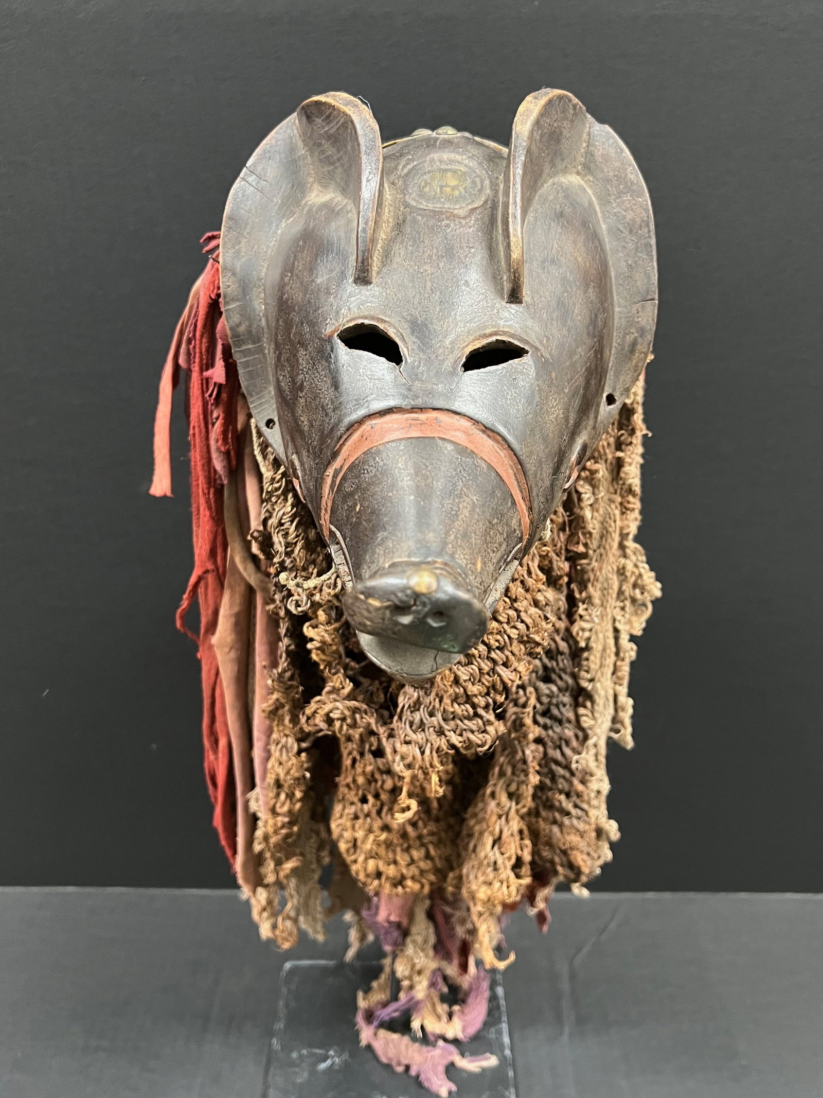 African Tribal Art Carved Wood Ngulu Pig Mask with Display Stand - 10