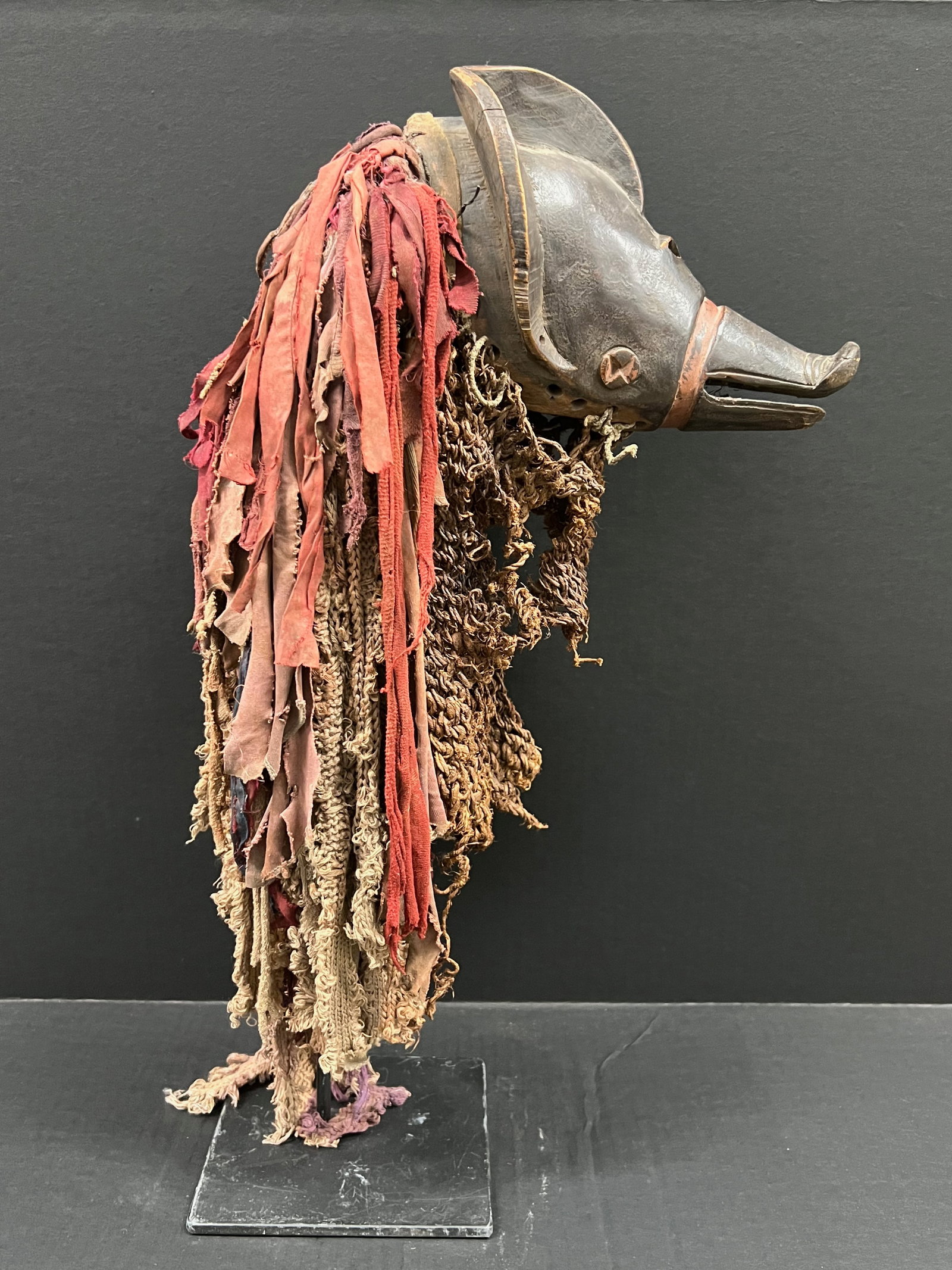 African Tribal Art Carved Wood Ngulu Pig Mask with Display Stand - 2