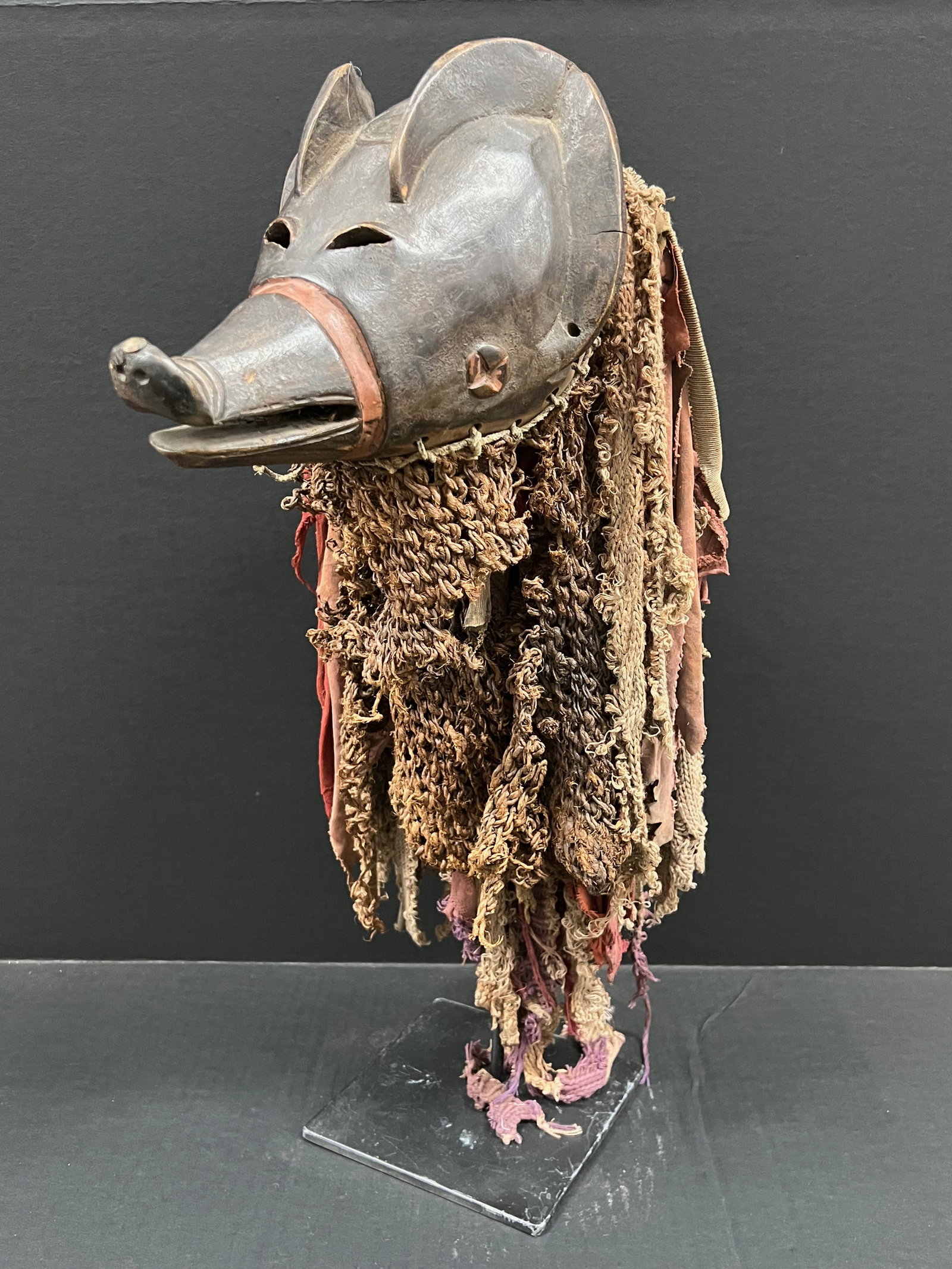 African Tribal Art Carved Wood Ngulu Pig Mask with Display Stand - 4