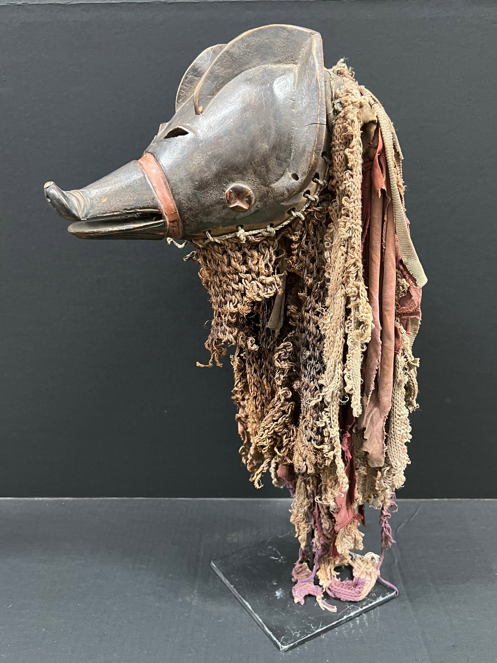 African Tribal Art Carved Wood Ngulu Pig Mask with Display Stand - 7
