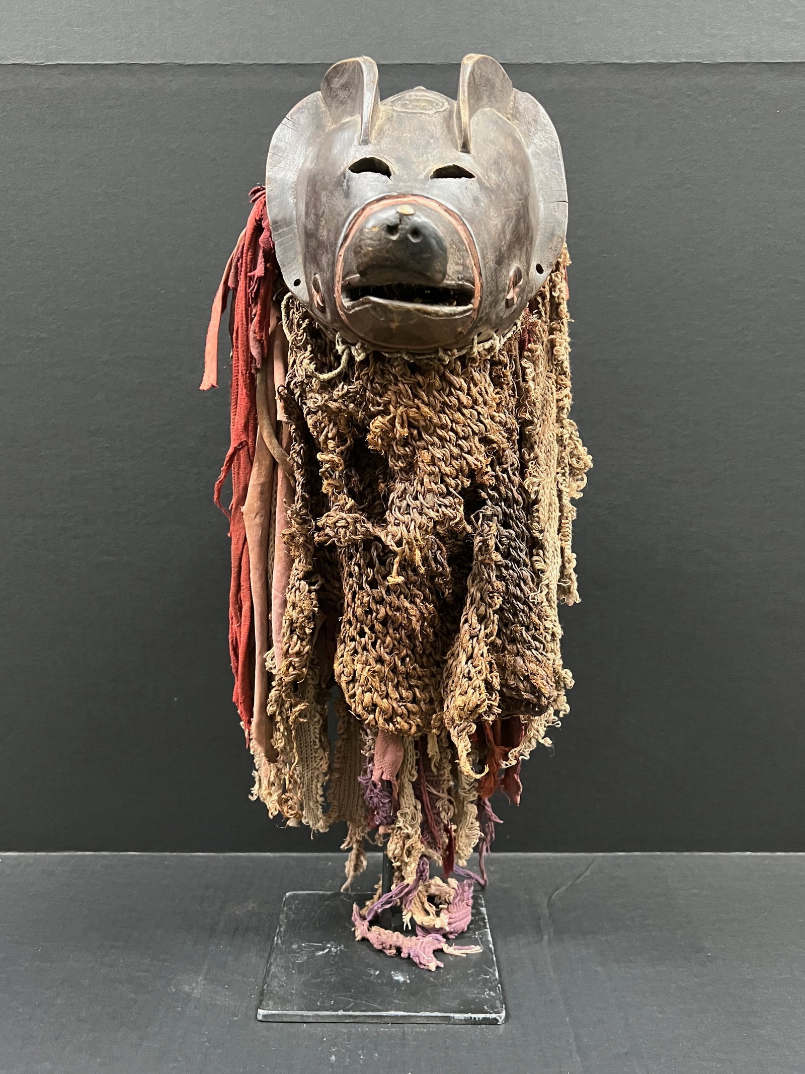 African Tribal Art Carved Wood Ngulu Pig Mask with Display Stand - 8